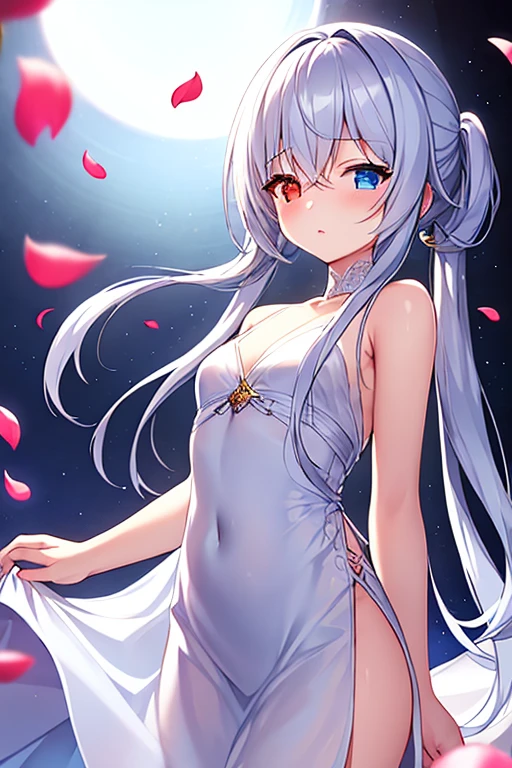 (masterpiece, best quality), 1 elven girl, ( bear whole of body, nipples), (bare lower half of body), (light blue hair, twin tails ,very long hair is fluttering in the wind), hair between eyes, multi colored hair,hair flower ornament , bare body , closed mouth, standing, closed eyes, flower, large breast ,sky, hair flower, hair bun, blurry, from side, hands up, profile, night, floating hair, depth of field, pink rose, moon, crescent, aqua flower, butterfly, star (sky), night sky, starry sky, red rose, blurry foreground, planet