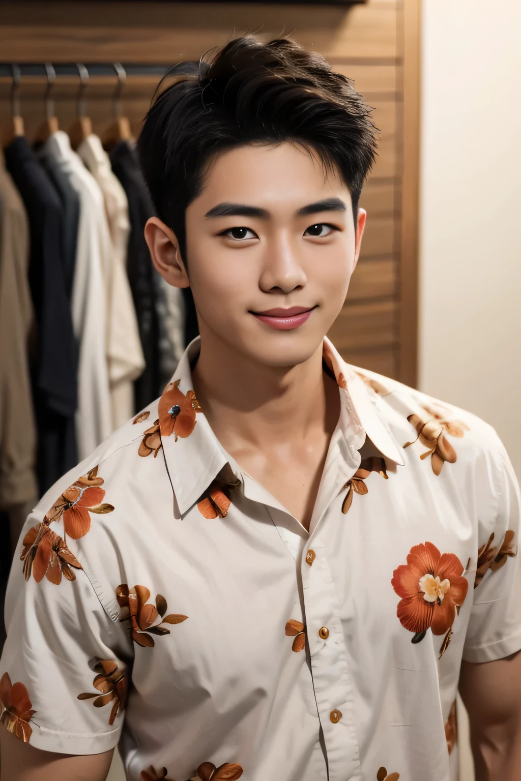 18-year-old male、Japanese、handsome guys、Macho、short hair、 apparel clerk、Hawaiian shirt、Smile Yan