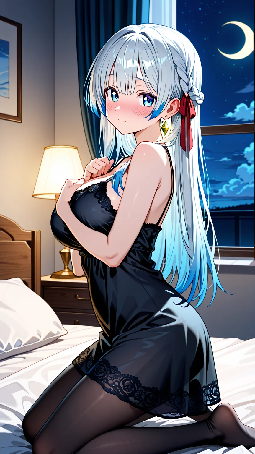 My name is Yukiko.I am a white test woman with long Sky blue hair,red eye color.I am 1.62 cm tall . My breasts measure 200 cm, my waist 40 cm and my hips 200 cm. dressed in a short black nightgown . With big breasts 200 cm