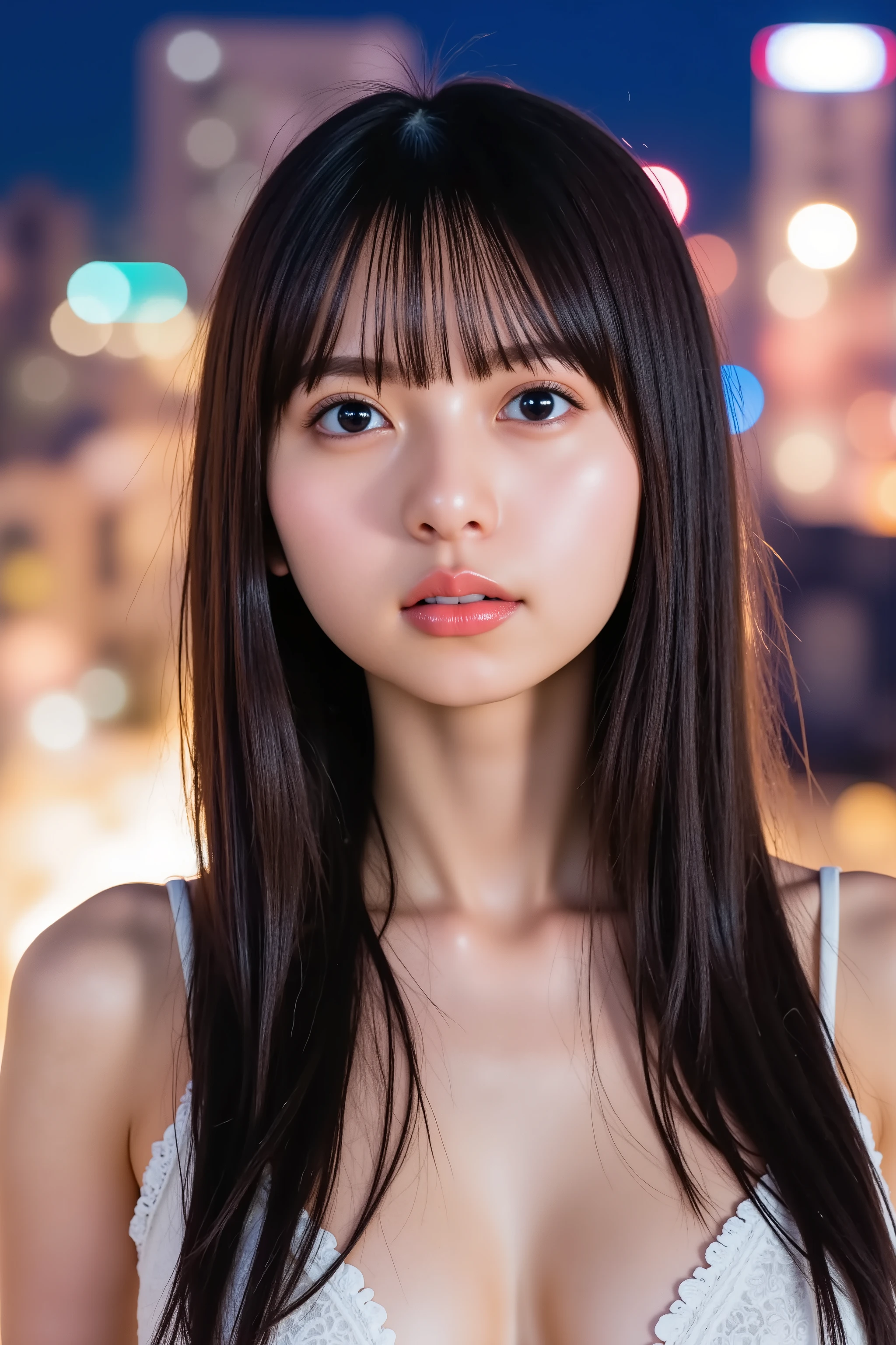 32k, (masterpiece:1.2, Highest quality, Ultra-high resolution, Super detailed), top quality, ((cute girl)), black hair, bangs, fair skin, neutral expression,
sharp focus, blurred background, looking at viewer, ((black bikini)),
BREAK
1girl, (beautiful girl, delicate girl: 1.3), detailed face,
(girl is lit by warm light), divine light,
very fine grain definition, (symmetrical eyes: 1.3),
medium breasts, black eyes, bangs, black hair, (eye and face detail: 1.0), (focus on face: 1.0),
Skyscrapers, night, neon, reflecting light, glass windows, night pool,