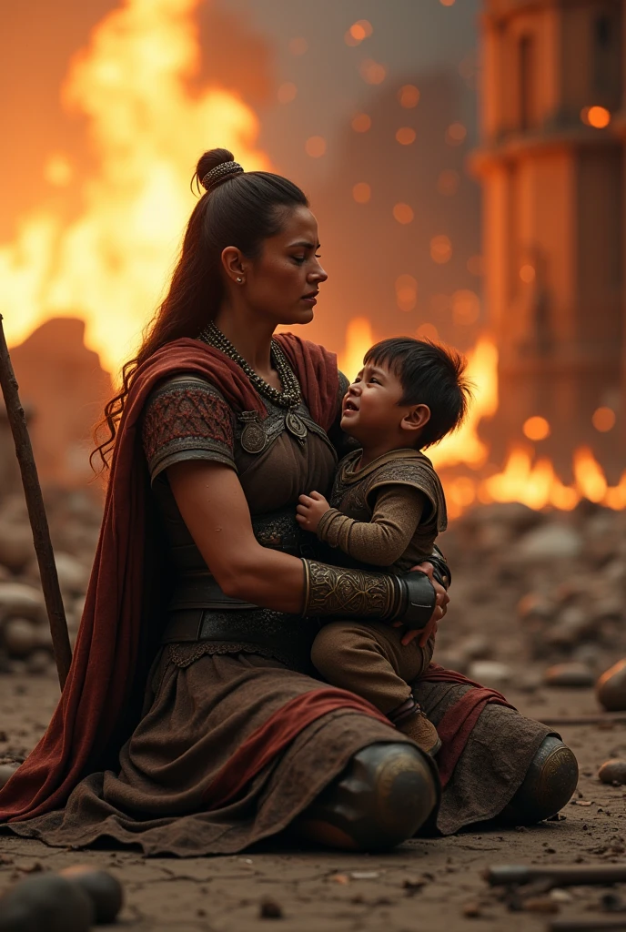 Realism, super quality, action photography style, a defeated woman kneels, her son (12 years) holds the tip of a sword to a woman&#39;s throat, knife stab in the throat, Her head is thrown back strongly.., the woman has a large manly Adam&#39;s apple, (woman - 30 year old warrior, sore throat, gothic makeup, pale skin, long hair) (son is ) The Roman Empire is fighting