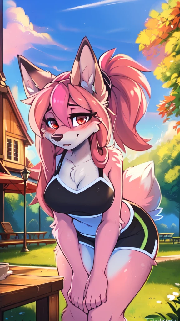 Deduction of, ross tran, Ruan Jia, mumps, Foxovh, de zackary911, de Hyattlen, on a terrace, by Fumiko, de Pixelsketcher, by Bayard Wu, Thomas Benjamin Kennington, de Einshelm, of Kilina, de Coffeesoda, de Hyoshiru, de down-kevlar, by r-mk, por Dimwitdog, fluffly, Nazuna_it will inspire, antrum, Female One, one, standing, mocking look, (half-closed eyes), pink  hair, pink tail, (Sport cloth), (Eyes red), I look at the spectator, (Breasts huge, thick hips), (red fox), Sunnyday, (public park), (pink body, bicolor fur), (blushing, you are sweating), (hair tied in a ponytail), (Older), (((clean clothes: 1.4))), pussy