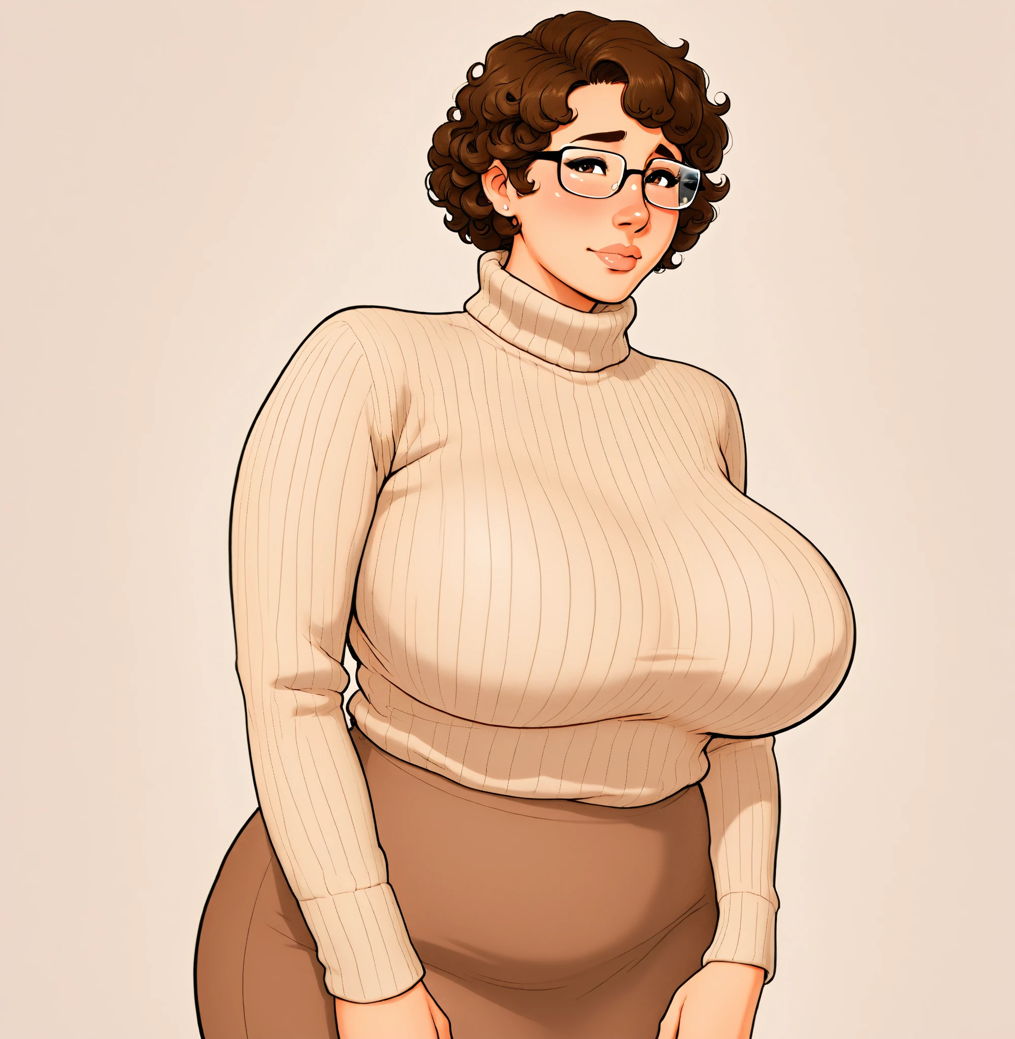 By greasymojo, by bebebebebe, by bigcozyorca, by walter sache, by wsache, solo, Rottweiler, mom, milf, mature female, old, old woman, hair, wavy hair, glasses, lips, lip stick, smiling, massive breasts, ((tall, chubby, soft, fluffy)), standing, dark red turtleneck sweater, bottomless, pantsless,
