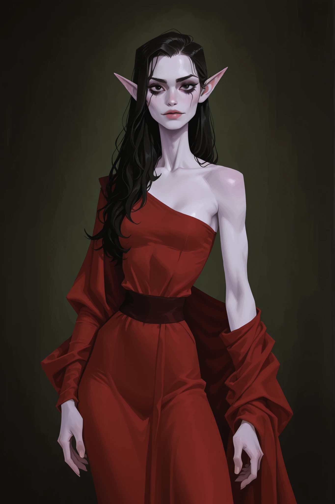 detailed gouache portrait of 1girl, female, elf, pale pink skin, [black eyes], tall lean female, small breasts, black hair, long hair, red linen dress, exposed left shoulder, relaxed stance, (solo), cowboy shot, looking at viewer, flat colors, Z40Zstyle, painterly, Z40Zstyle, painterly, xsylvanasx,