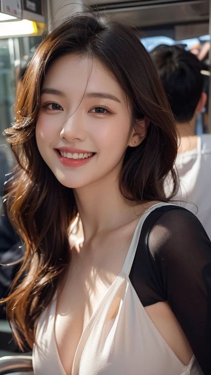 1 Attractive、((highest quality、8K masterpiece:1.3))、sharp focus:1.2、(super beautiful face:1.0)、(shiny skin:1.0)、realistic pictures、black haired、black eyse、video writing、High resolution eyes and face、video writing、(cute korean actress)、from the front、beautiful breasts、smile、The beauty of slender abs、whole body、Wearing a see-through T-shirt、on the beach at night
