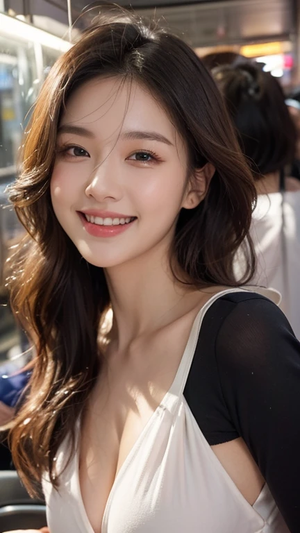 masutepiece, Best Quality, Photorealistic, Ultra-detailed, finely detail, High resolution, 8K Wallpaper, 1 beautiful woman, Wear sleeveless fashionable clothes, at campus, light brown messy hair, Perfect dynamic composition, Beautiful detailed eyes, Smiling happily, Perfect teeth visible, foco nítido, Detailed skin texture, detailed hairs、Slimed、A slender、Model body type、Brown hair