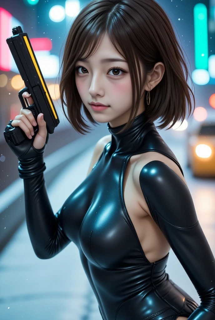(masterpiece:1.2,Highest quality,Highest quality,Very detailed:1.2),8k,wallpaper,(One Woman),(Future female SWAT team members),(((pistol:1.6))),(Extremely form fitting black tactical bodysuit),(Tactical Headset),(Tactical Holster),(Tactical Gloves),break(Severe),(ponytail),(Long black hair),(Beautiful Face),(Beautiful Eyes),(Beautiful Eyes),(Very detailedな顔),(Very detailedな女性のhand),(Muscular),(sexy),(Big Breasts),(Thick thighs),(Beautiful body),(The background is the neon streets of a future city:1.6),(cyber punk:1.6),(((hand,detailed,perfection,perfectionion,hand))),(Beautiful female hand),(正確なhand描き)、smile、(RAW Photos:1.2)、