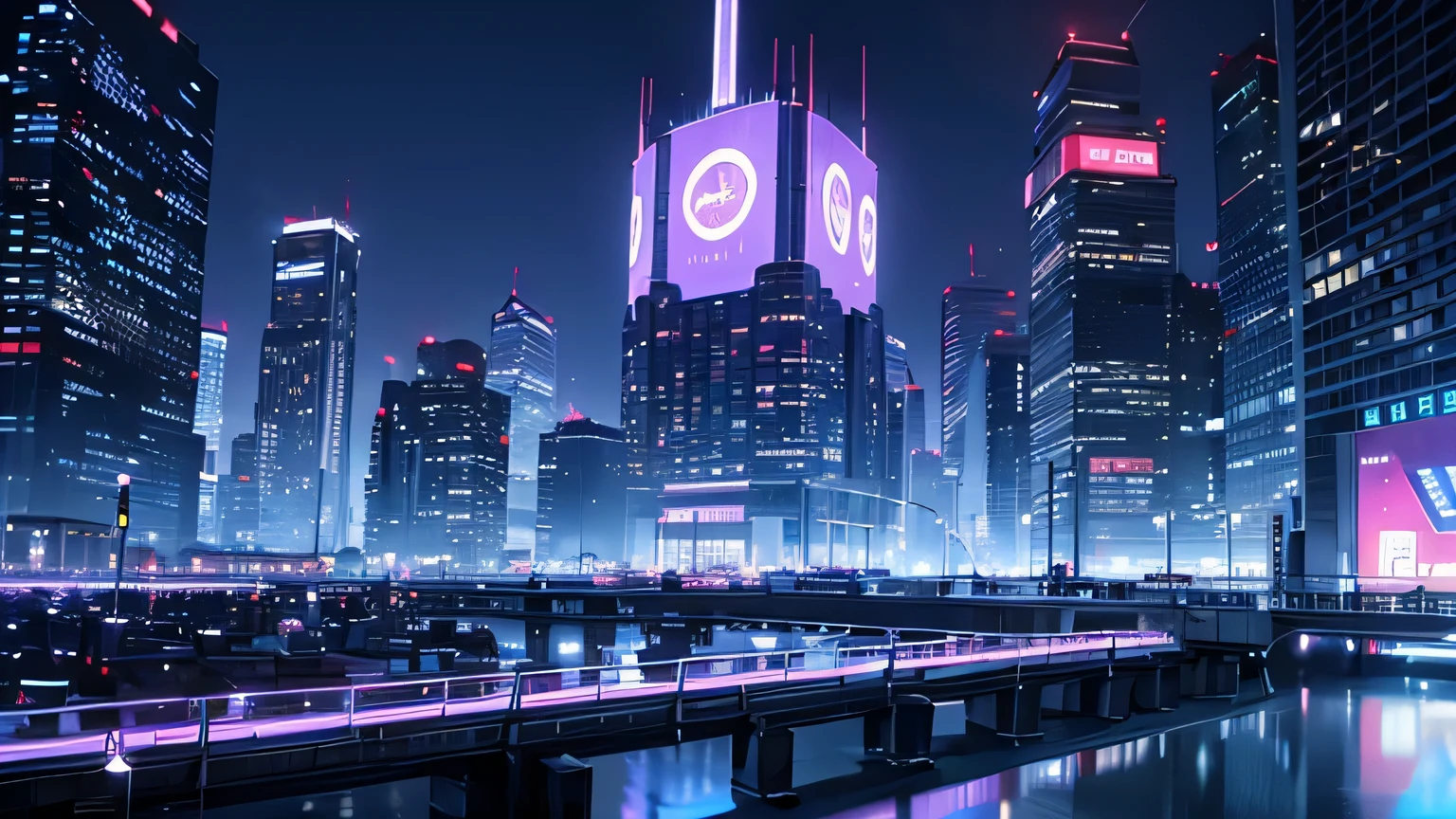 A futuristic city with a purple-blue night sky illuminated by several neon buildings.