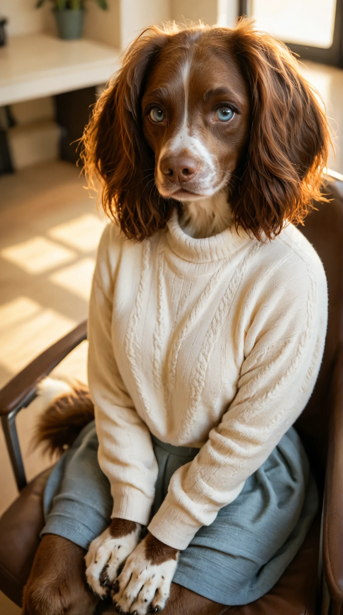 soft lighting, dynamic high angle, depth of field. a (happy) (anthro springer spaniel) girl sitting in a chair. Set in a Hair Salon barbershop. light blue eyes, brown fur, paws, sweater blouse, cute skirt, silver locket