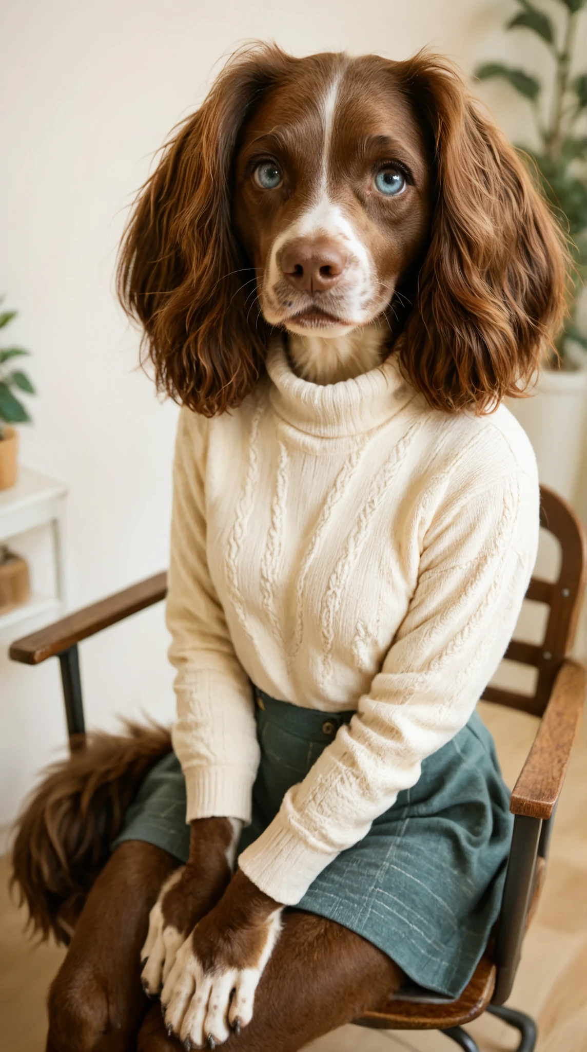 soft lighting, dynamic high angle, depth of field. a (happy) (anthro springer spaniel) girl sitting in a chair. Set in a Hair Salon barbershop. light blue eyes, brown fur, paws, sweater blouse, cute skirt, silver locket