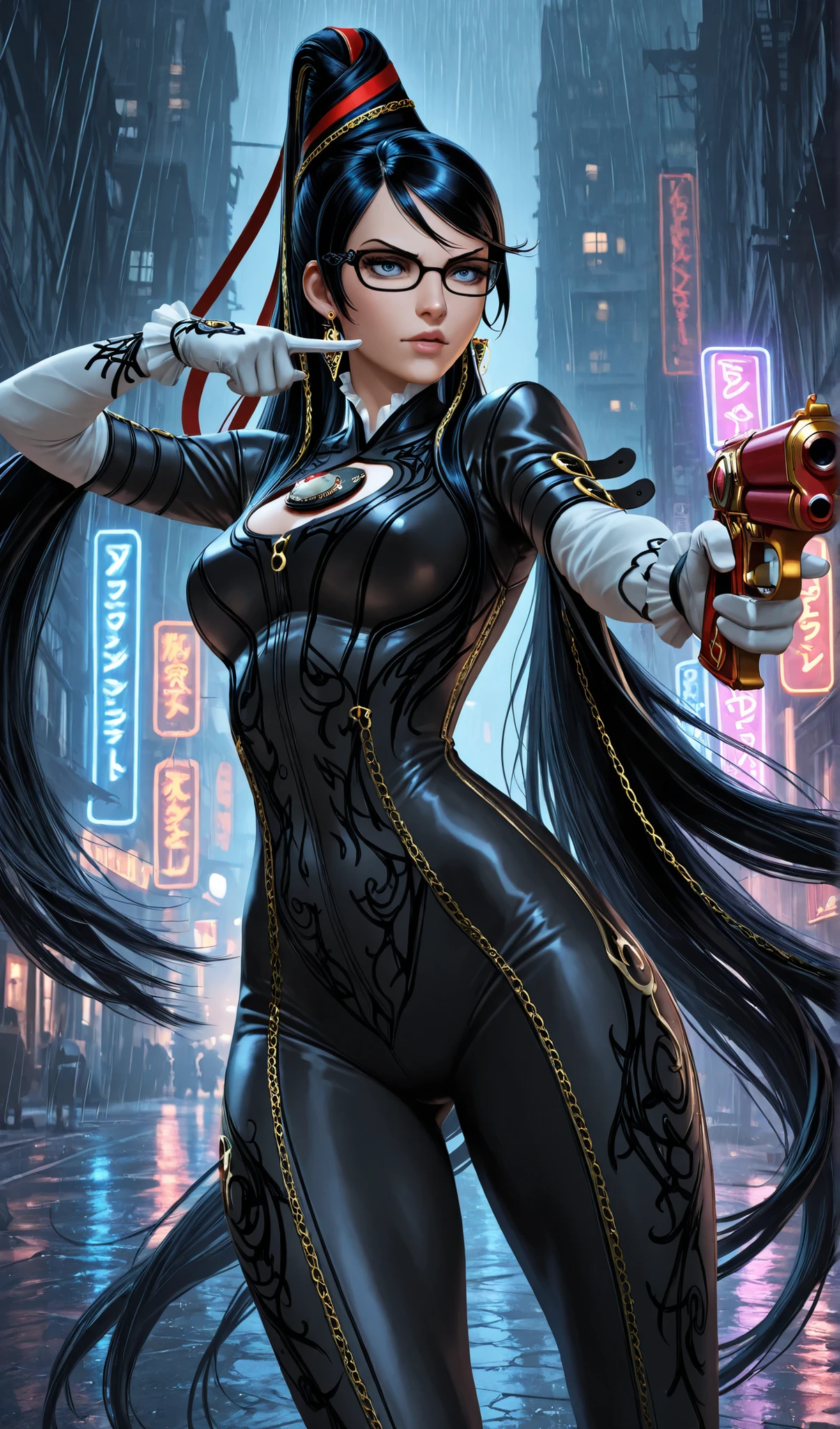 Bayonetta from video game, a girl, sensual, bounty hunter, blue eyes, hair in style Bayonetta, pointing a big-gun at, masterpiece, best quality:1.2, cinematic lighting, dramatic pose, highly detailed face, realistic skin texture, intricate costume design, gritty urban environment, rain effect, neon lights, dark moody atmosphere, photorealistic, 8K, hyper-detailed, cinematic shot, intense colors, dramatic shadows