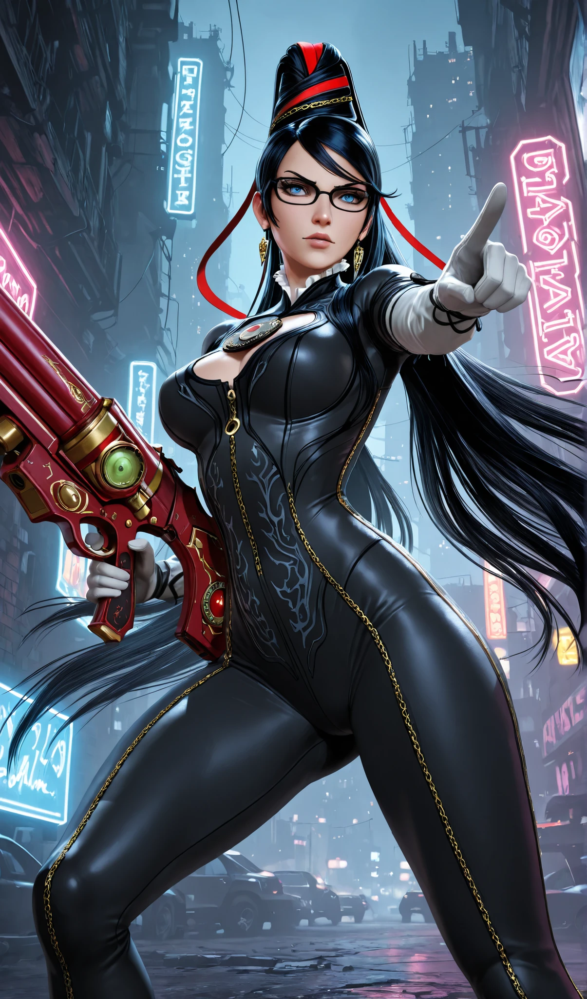 Bayonetta from video game, a girl, sensual, bounty hunter, blue eyes, hair in style Bayonetta, pointing a big-gun at, masterpiece,best quality:1.2,c,detailed 3D render,intricate details,dramatic lighting,cinematic composition,photorealistic,ultra-detailed,highly-detailed,vibrant colors,dynamic pose,intense atmosphere,gritty urban environment,dystopian cyberpunk setting,advanced technology,neon lights,moody shadows