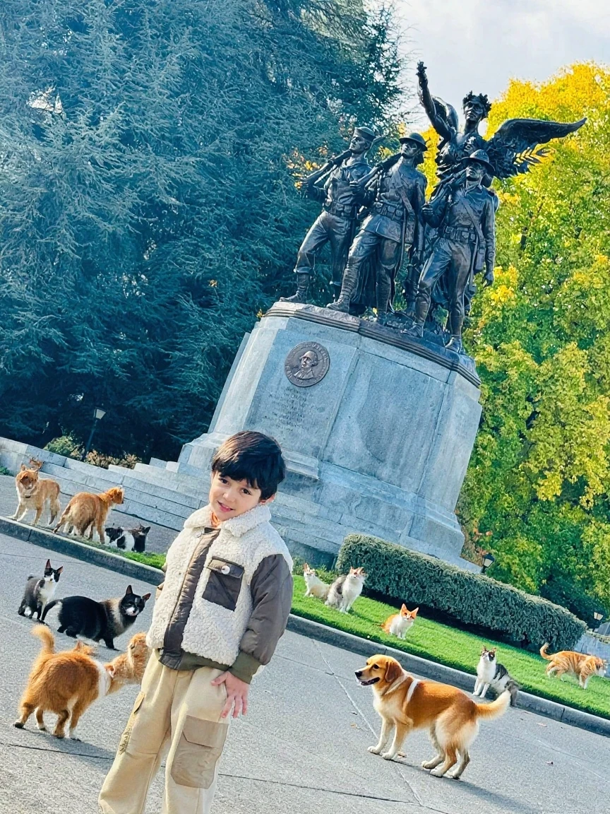A little girl in a green skirt, wearing a green headband, is happily sitting on the grass, surrounded by five white long-haired Chihuahua puppies. The background features the Sydney Opera House in Australia. The image is high definition and detailed, with vibrant yet soft colors, set under a bright sunny sky, making the scene exceptionally lively.