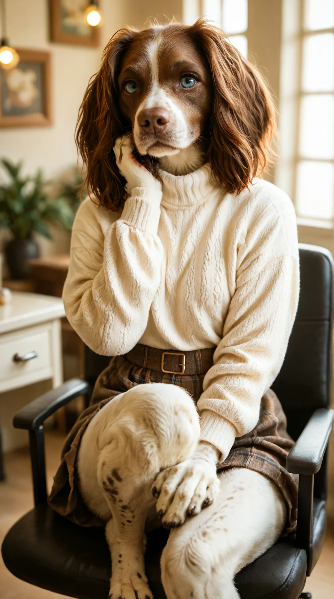 soft lighting, dynamic angle, depth of field. a (happy) (anthro springer spaniel) girl sitting in a chair. Set in a Hair Salon barbershop. light blue eyes, brown fur, paws, sweater blouse, cute skirt, silver locket
