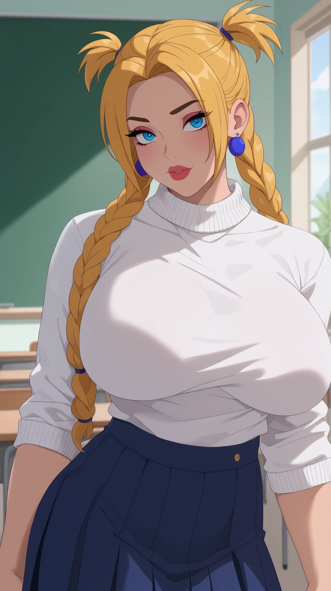 (masterpiece), (portrait), big breasts (aesthetics), ((1 female 21 years old)), Highlight earrings), ((long hair, pigtails punk girl style )), ((Hot dark blonde hair)), straight hair, thin eyes open, blue eyes, cute, female, woman, malicious finger on half-open lips, beautiful, female features, top, high quality, aesthetic clothing, professional angle, (rule of thirds), (feminine), (feminine), (feminine), (beautiful) , (female ) features), solo, (Korean attractive), summer, (ink haze), (afternoon), (vibrant light), seductive posture, ((face looking forward))), white sweater, off-shoulder, with strap, pleated skirt ((Energy)), (Bold Makeup), (Big Breasts), Fair Skin, (Clothes with Hip Hop Details,  and slutty voluptuous woman), (a hot muscular woman, muscular woman, hot fit, voluptuous mature body, super curvy body), (Sleep Neckline), Beautiful Hands, Body beautiful, beautiful ears, beautiful eyes, bright eyes, beautiful mouth, beautiful lips, needy expression, square, hot and thick thighs, in the classroom