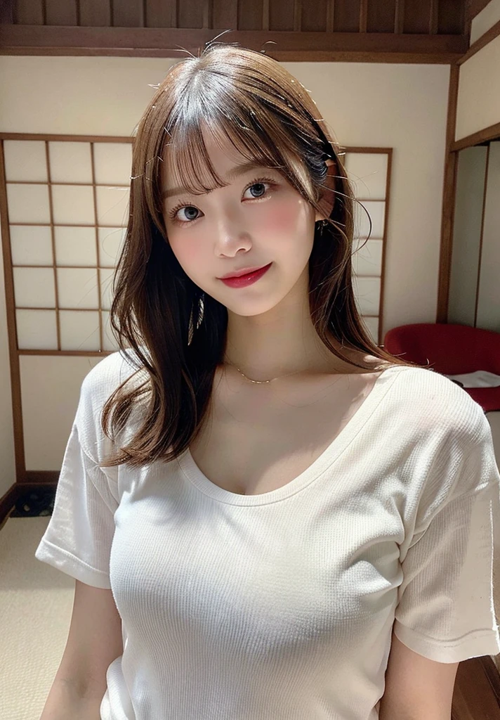 highest quality,live-action,whole bodyが映る、Kyoto、fine skin,beautiful breasts,stick out your butt、 long brown hair, 8K highly detailed face,straight hair、smile、 perfect face shape,absolutely perfect lips,whole body、 beautiful body line,perfect nose、beautiful eyes,erotic expression,masterpiece, beautiful girl,Japan female, 26 years old,look up,face of shame、cool beauty、beautiful armpits、T-back、T-shirt、visible from head to foot、long legs、Are standing、Take a picture of your feet、perfect fingers、plump body