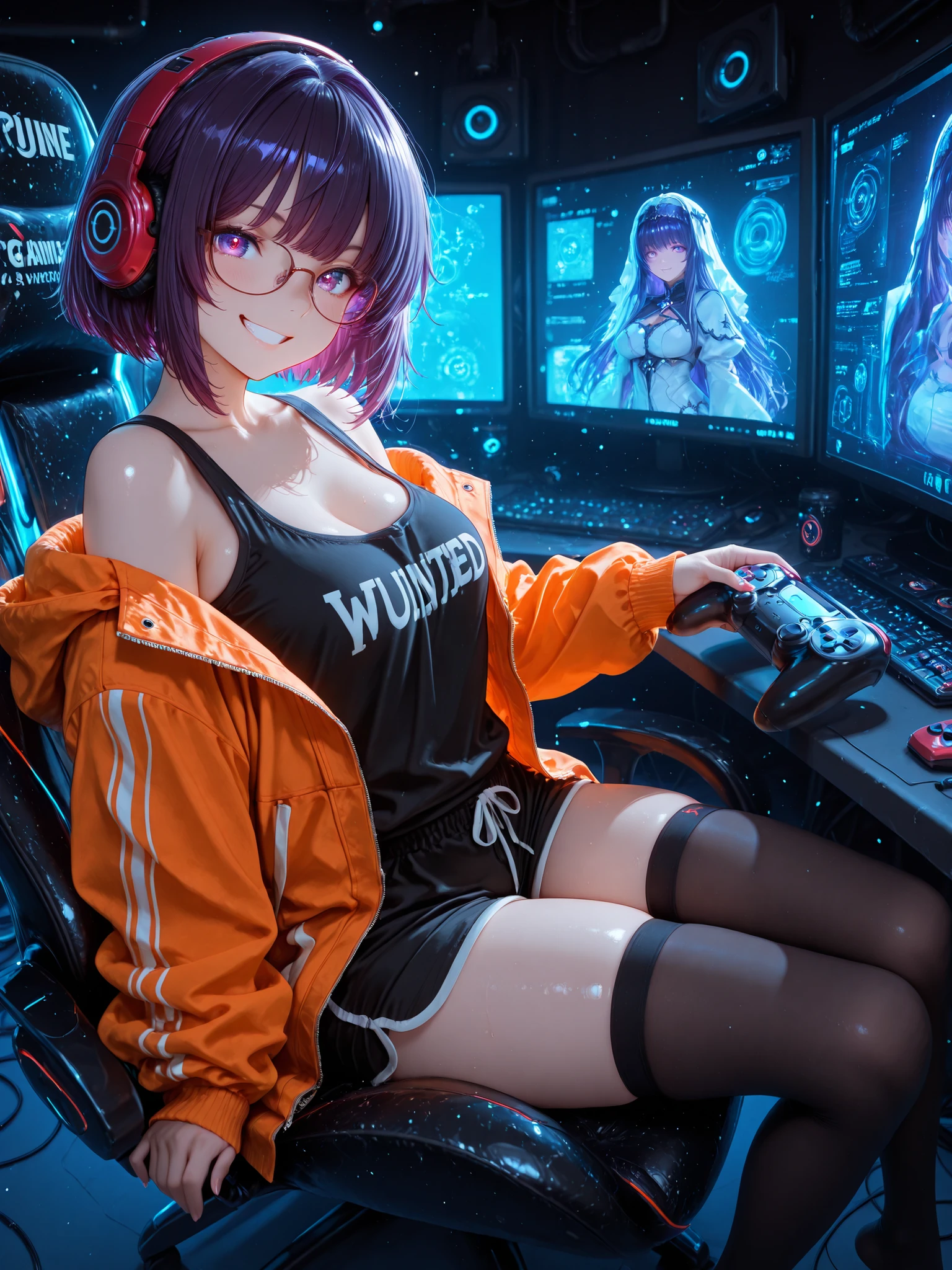 1 maiden, girl sitting in a gaming chair, with your feet on a chair、A woman holds a controller and is wearing 、Dive into the game、dark purple hair、short hair、DETAILED HAIR、red LED headphones、glasses、 orange jacket, game screen you wanted、black tank top、shorts、 asymmetric stockings 、The FPS, shown on a holographic monitor、 Cyberspace, surrounded by retina blue light、Dazzling light effects、masterpiece, Best quality, amazing quality, Half , Grin