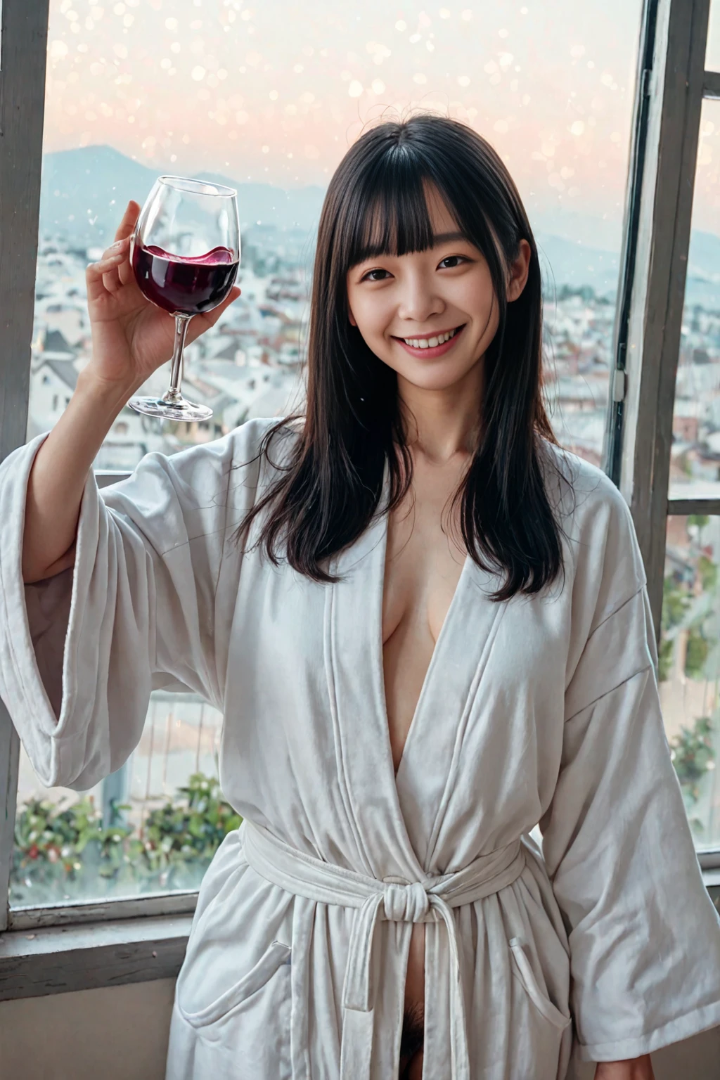 (masutepiece, Best Quality:1.4), Beautiful face, 8K, 85 mm, absurderes, ((Dark bedroom in the hotel))、(Wearing a thick white bathrobe:1.4), ((cowboy  shot:1.5))、((Shot from below:1.4))、((udder of medium size、cleavage of the breast:1.4))、violaceaess, gardeniass, Delicate girl, Solo,(((Ponytail hair:1.5)))、((Drink a glass of wine:1.4))、Night, Looking at Viewer, Upper body, Film grain, chromatic abberation, Sharp Focus, face lights, Professional Lighting, Sophisticated, (he looked at me with a confused expression:1.4), (Simple background, Bokeh background:1.2), Detail Face、