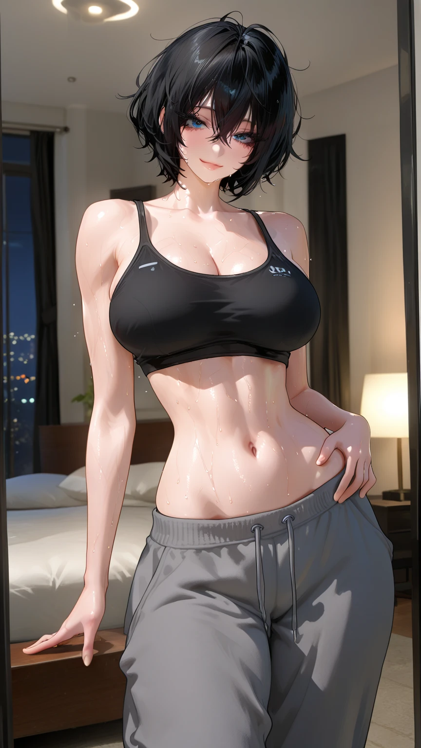 (nsfw:1.5),(((I want to see up to my knees:1.5、Esbian all over:1.5)))、masterpiece, High resolution, figure, Kyoto Animation Style, Your Name Movie Style, night, midnight, Light, (1 female: 1.3), (alone: 1.4), Long eyelashes, Short Bob, Red nose, Lying down, naked, Lying on the bed、Tears are flowing、(outstretched hand:1.2)、Mr.々A pose、(上半身のみnaked)、(big breasts:1.5)、erect nipples、(Wide-open legs:1.5)、wide waist width、Grey sports bra、Calvin Klein、((((vagina、Sex、penis))))