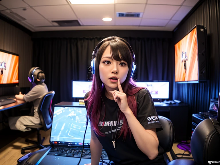 ((Masterpiece)), (((Best Quality)))), ((Illustration)), (Depth of Field: 1.2),Solo,Dynamic Angle,1 Girl,Hacker Beautiful 15 Years Old Japan Girl, Indoors, Room, Dim Room, Sci-Fi, Neon, Neon Lights, Cyberpunk, Computer Room, Gaming Headphones, Computer Equipment, Ethical Hacker, Server Room Background, Display lights, monitors, (LED monitors, surrounded by multiple display monitors: 1.5), gaming chair, multicolored hair, striped hair, tank tops, , energy drinks, cables, messy room, front, from below
