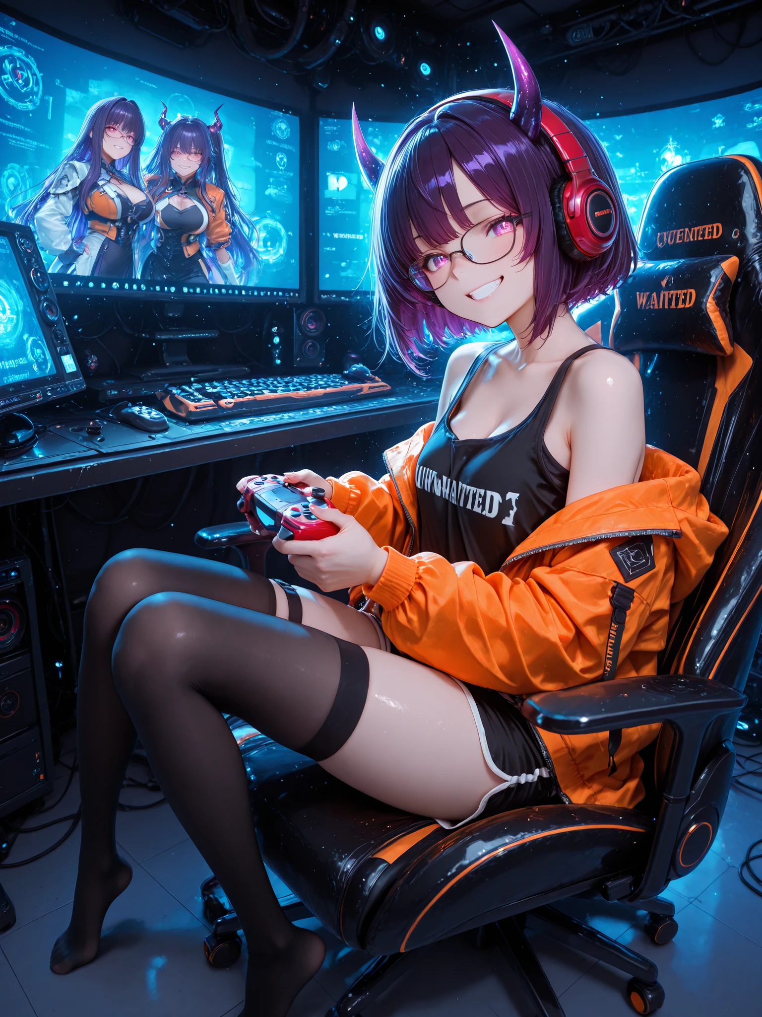 1 maiden, girl sitting in a gaming chair, with your feet on a chair、A woman holds a controller and is wearing 、Dive into the game、dark purple hair、short hair、DETAILED HAIR、red LED headphones、glasses、 orange jacket, game screen you wanted、black tank top、shorts、 asymmetric stockings 、The FPS, shown on a holographic monitor、 Cyberspace, surrounded by retina blue light、Dazzling light effects、masterpiece, Best quality, amazing quality, Half , Grin, demonic horns