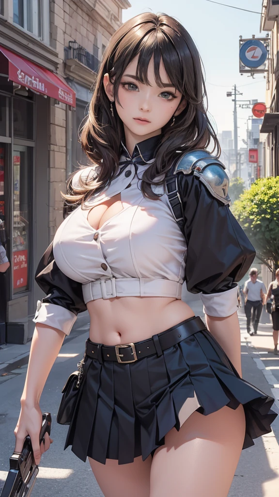 (((masterpiece,best quality,ultra detailed,Photorealistic,high resolution 4K, (8k wallpaper),Super detailed, High resolution, Super detailed))), wonderful, Detailed depiction , (brown|Black Hair:1.4), (Reality Skin:1.2), (light brown skin:1.2), Outdoor,Bold Pose,(Highest quality, Tabletop, Ultra HD: 1.3), (((20 year old beautiful girl,whole body,I can see from head to toe,Beautiful details, Eyes and face are highly detailed, Beautiful eye details,The eyes, nose and mouth are well balanced, Very detailed and beautiful, Long Hair,cool,))),(((clothing:LL size leather jacket))),((((Steampunk cityscape,gear,Steam is spreading through the city,Gimmicky cityscape)))), (evening,The sun is setting on my face),