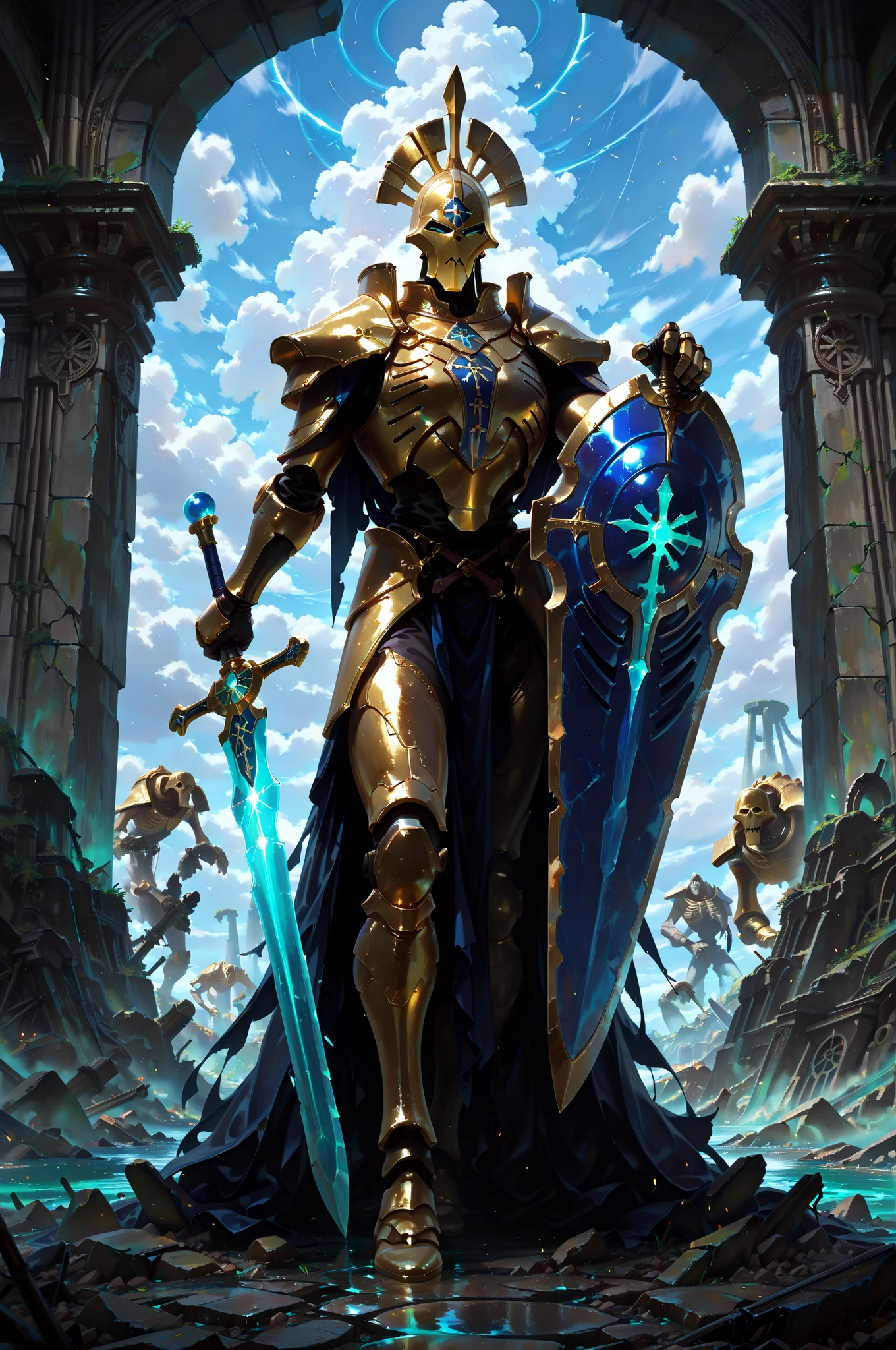 (masterpiece, best quality:1.2), highly detailed, fantasy theme, solo, 1 golem , golden armor, bearer a circular blue shield and long sword a ruins on background, fan art,