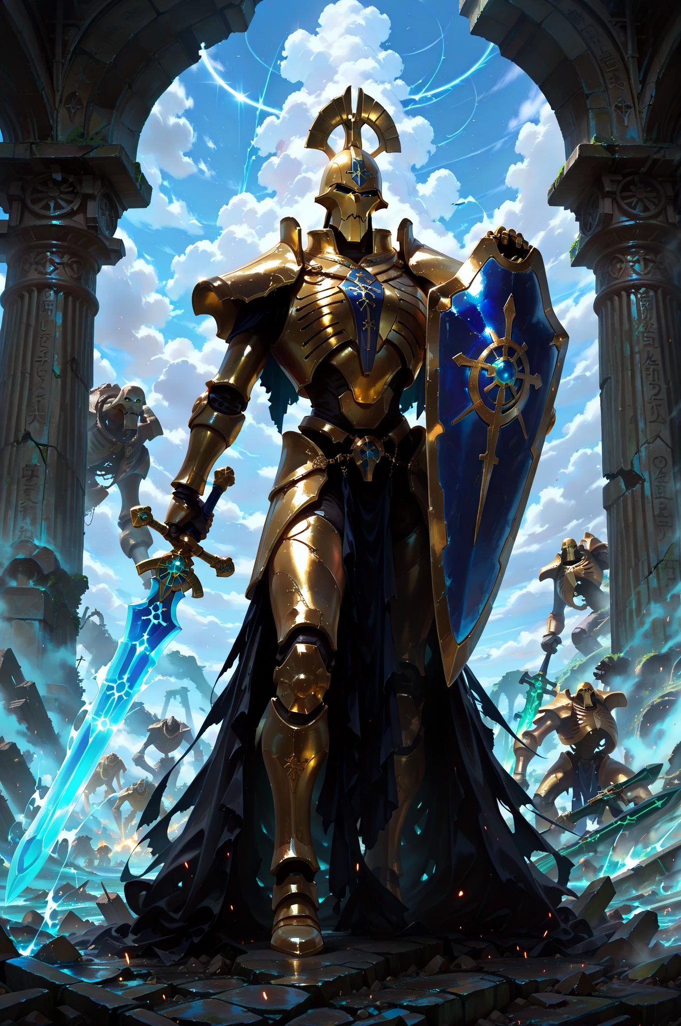 (masterpiece, best quality:1.2), highly detailed, fantasy theme, solo, 1 golem , golden armor, bearer a circular blue shield and long sword a ruins on background, fan art,