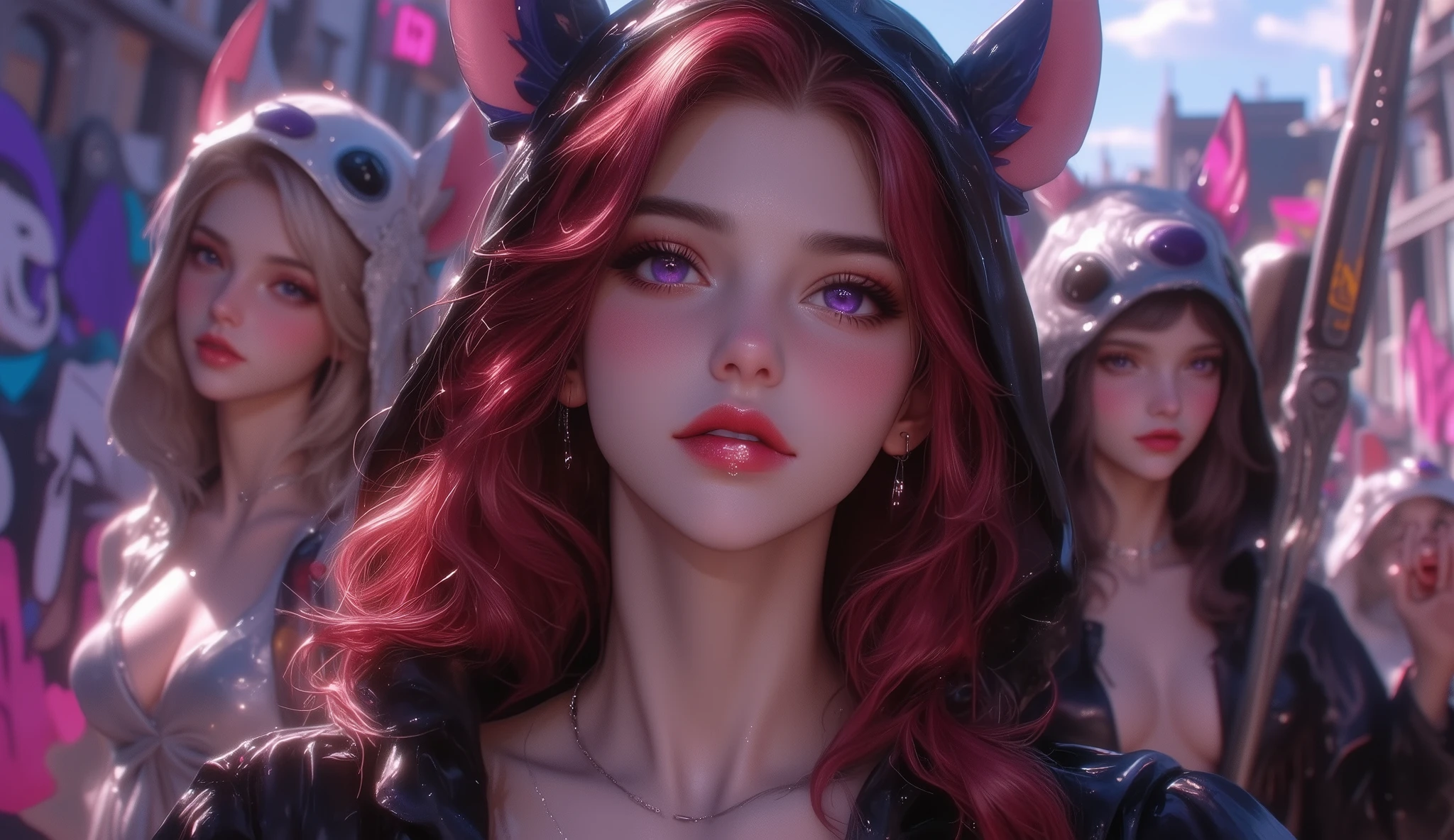 A hyper-realistic portrait of a stunning supermodel, featuring a beautifully detailed face with captivating eyes and a serene expression, masterpiece, detailed image, vivid colors, 4k, a group of women dressed in kigurumis of various different animals, in front of them, a beautiful woman (nice curves) with long red hair wavy at the ends, very bright purple eyes, lollipop in her mouth, a determined expression, wearing a kigurumi of the character Stitch from the movie Lilo & Stitch, all holding various weapons, full body image, camera angle like a selfie, on a street with a wall full of graffiti in the background written in pink and purple iJessy, incredible poses, perfect lighting, ray tracing