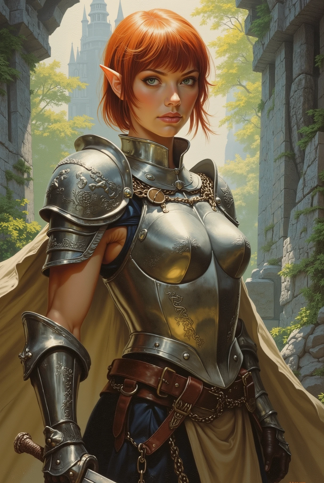 ((((( портрет маслом)))))) : hyperrealism,maximum detail, portrait photo : изящная elfийская девушка-воин(elf,sharp ears,Thin facial features,red short hair with a hairstyle pixie,pale skin) incredibly muscular build,(broad shoulders,flat , , the defiant fighting pose ,holds a skimeter(with a curved boarding sword),elegant armor embossed on her,style of demonstrating the character, against the background of a forest castle,D&D,fenesi, close angle,(very muscular, incredibly sporty,of divine beauty, expensive armor с чеканкой и письменами),(( elfийка-воин с двумя мечами в руках)), armor with a bib,chain gloves on the hands, ((,huge muscles))) (elfийские уши),pixie haircut, expensive armor,(stamped steel bib),elegant cloak, Scarlett Johansson) ((( Меч,щит,латы,)))) ((руины крепости,эпичность,полный рост,рыцарские латы,доспехи,щит)) ((((( портрет маслом))))))