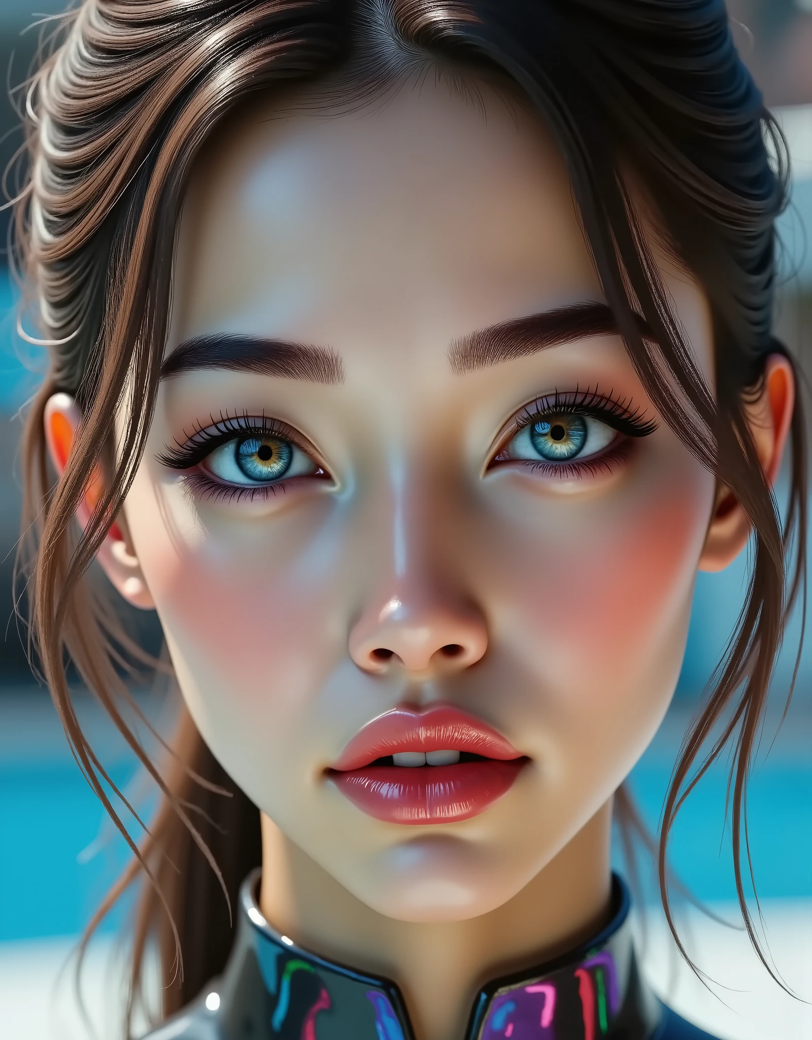  (realistic (photorealistic Realism UHD, 8K, 16K Quality), ultra-detailed, Ultra high resolution) (Key Directive: - "The priority is the anatomical accuracy and texture of the materials" - "Ultra-sharp human eyes with biological accuracy") - ["Ultra high resolution Realistic eyes clear, sharp, absurd quality, not blurry"] \[face,Makeup] "eyes(blue:1.3),(Carefully draw Long blue eyelashes),((perfect dark_eyeshadows)),detailed lips:1.3,(apply glossy red_lipstick:1.3)(pink_makeup:1.25), perfect composition"\ {"Sexy and beautiful, tall and slim, young Chinese woman"} [hair ("black,short (wavy, combed up, behind the ear") (light pale complexion)\ Wearing:("transparent color pvc (Super Shiny dark-golden Transparent Holographic Full Bodysuit:1.4")) (("Ultra-stretchy-tighty bodysuit)) super reflective surfaces (ultra smooth (PVC material),tight fitting dresses:1.25") (("at the sports stadium")), Detailed texture expression, Precision drawn with expert craftsmanship, HDR effect, Professional lighting, Studio quality, Detailed texture expression,(Rendering engine: "Unreal Engine 5 path tracing, 16K texture maps")