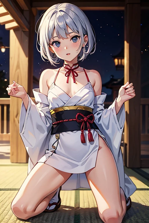 (super fine illustration,8K CG wallpaper,best quality,extremely detailed,ultra high res,best aesthetic),(cowboy shot,from front),1girl ,idolmaster, {{{shuko siomi}}}, (18yo,beautiful girl),(((beautiful dark brown eyes))),(((beautiful silver hair))), ((((short straight hair)))),(wet skin),(sweat),(steam),((flat chests,midium breasts)),((((slender and tall)))),((An empty hot spring at midnight)),narrow waist, (pubic silver hair:1.4), bsp, pussy juice dripping, no makeup, sweaty body, standing, BREAK (yukata),(open clothes), undress,breasts, nipples, nipple slip, pussy, pussy slip, no panties, ((arms behind head)),(embarrassed),(evil smile),(one eye closed))),open mouths,deep breathing,pubic indecency,ass visible through thighs,