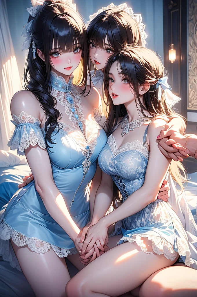 Masterpiece, dynamic composition, ((2 females)), queen dominating her maid, queen tying up her maid, maid tied by queen, masturbating, fingering her, scared, bdsm, bound, bondage, tied up, bound together, shibary, beautiful bodies, dynamic shot, dark, low light, cold blue light, high contrast