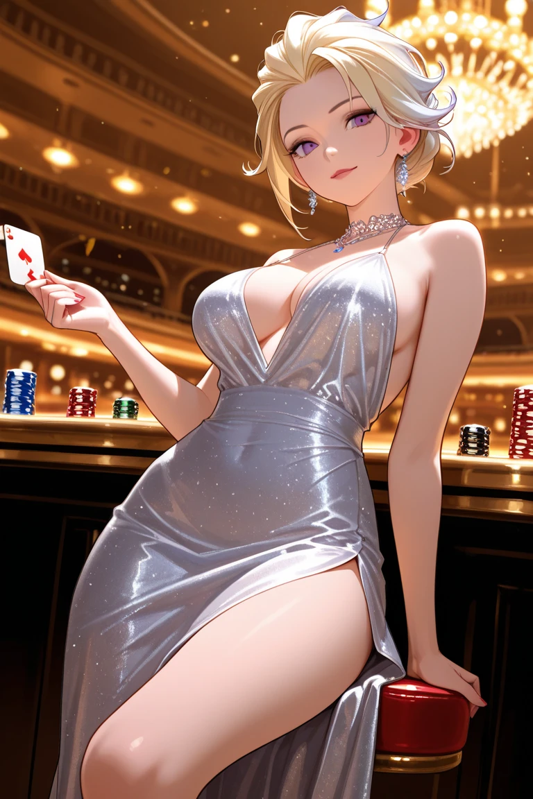 nsfw,Masterpiece、Cowboy Shot、One hand on hip、phsaber,Artoria、((Big Breasts))、(smile)、((Completely naked))、((Pastel blue sexy high leg panties))、Calm expression、(((Close your mouth)))、((Inside the casino))、Shiny Skin、(Smile)、Vivid Green Eyes、Big eyes、Detailed eyes、Toned thighs、Around 30 years old、Above the knee socks、Glamorous Girl、Sexy pose、Five fingers、Panties partially removed、