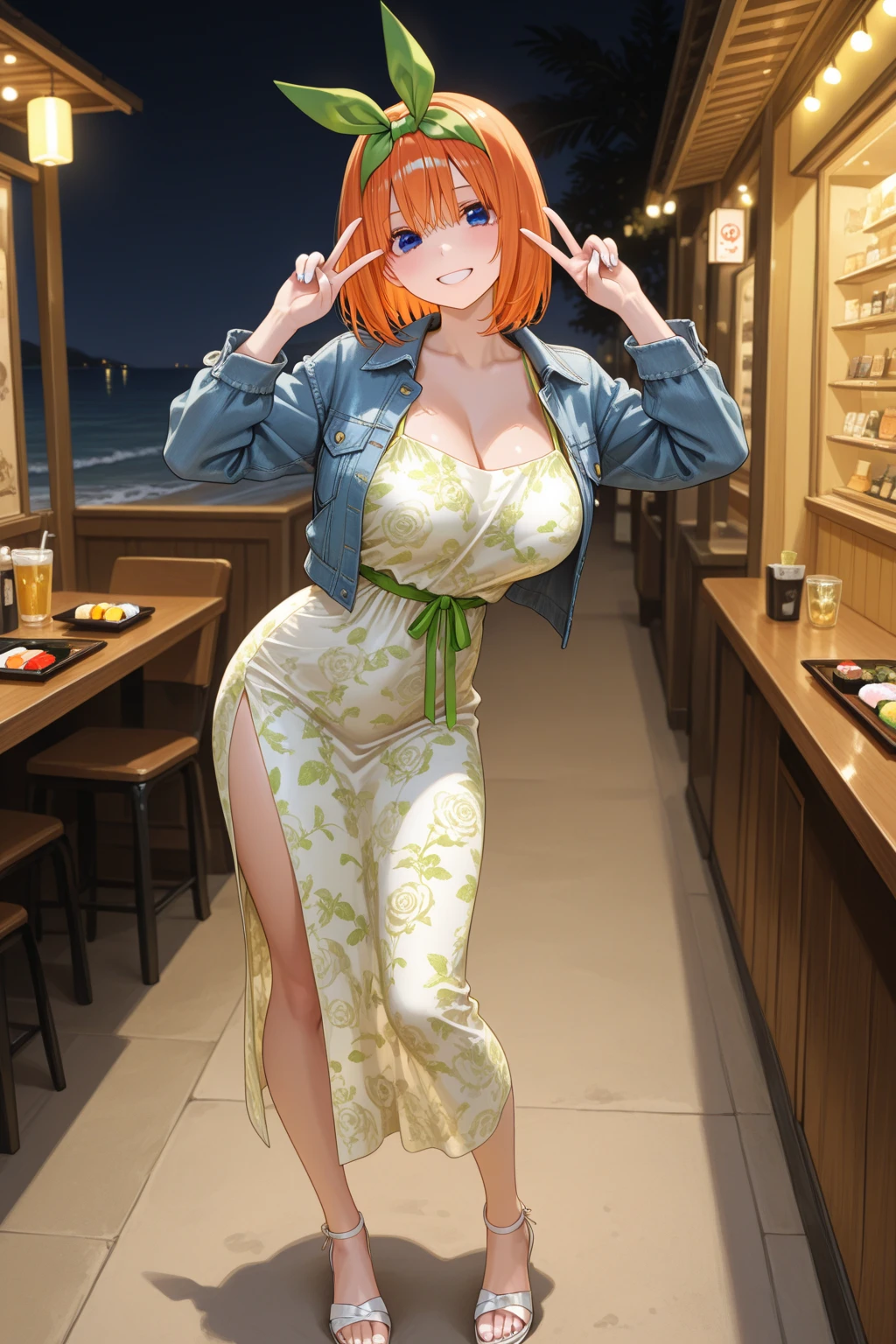 restaurant, Waitress, standing, Tray in hand:1.2), (tight fit clothes:1.2), (Tight white vest:1.4), (Wear a white vest over a naked body:1.1), (Delicate orange-orange lingerie miniskirt1.4), (Wear a short skirt with big orange breasts over pantyhose),(Owl print on vest), (Hang the neckline:1.2), bare shoulders, Plump big breasts,