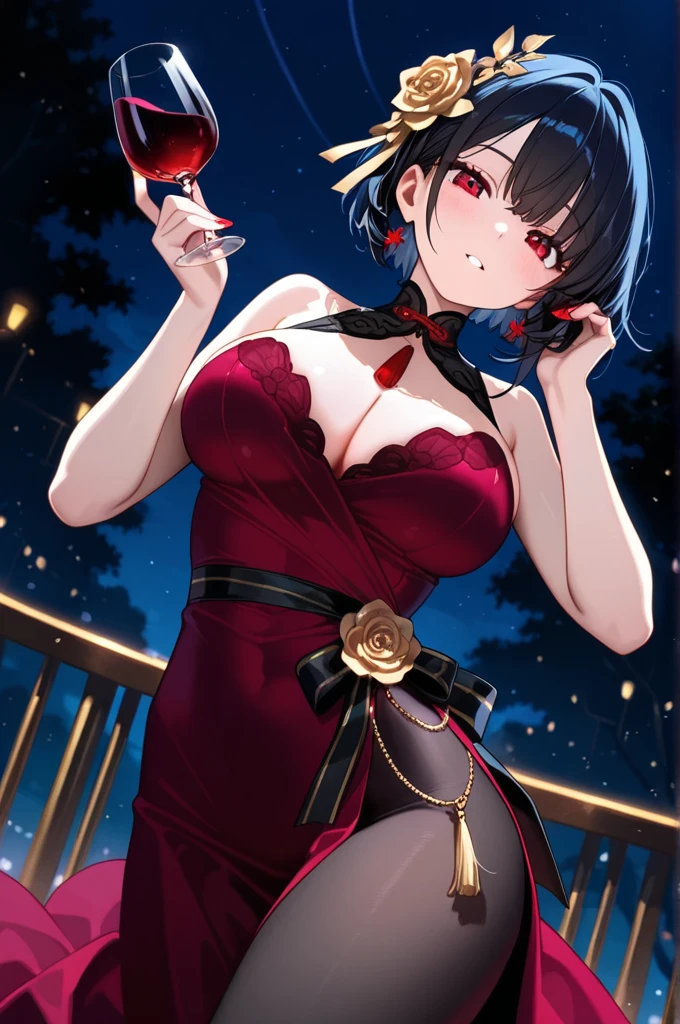 Adult Female, Mature, shy, blushing, short messy dark red hair, shoulder length hair, beautiful make up, red dress, sitting in front, dinner table, fancy resturant, table with wine, night time, window seat view, highly detailed, best detail, excellent detail, perfect anatomy, perfect hands, perfect fingers