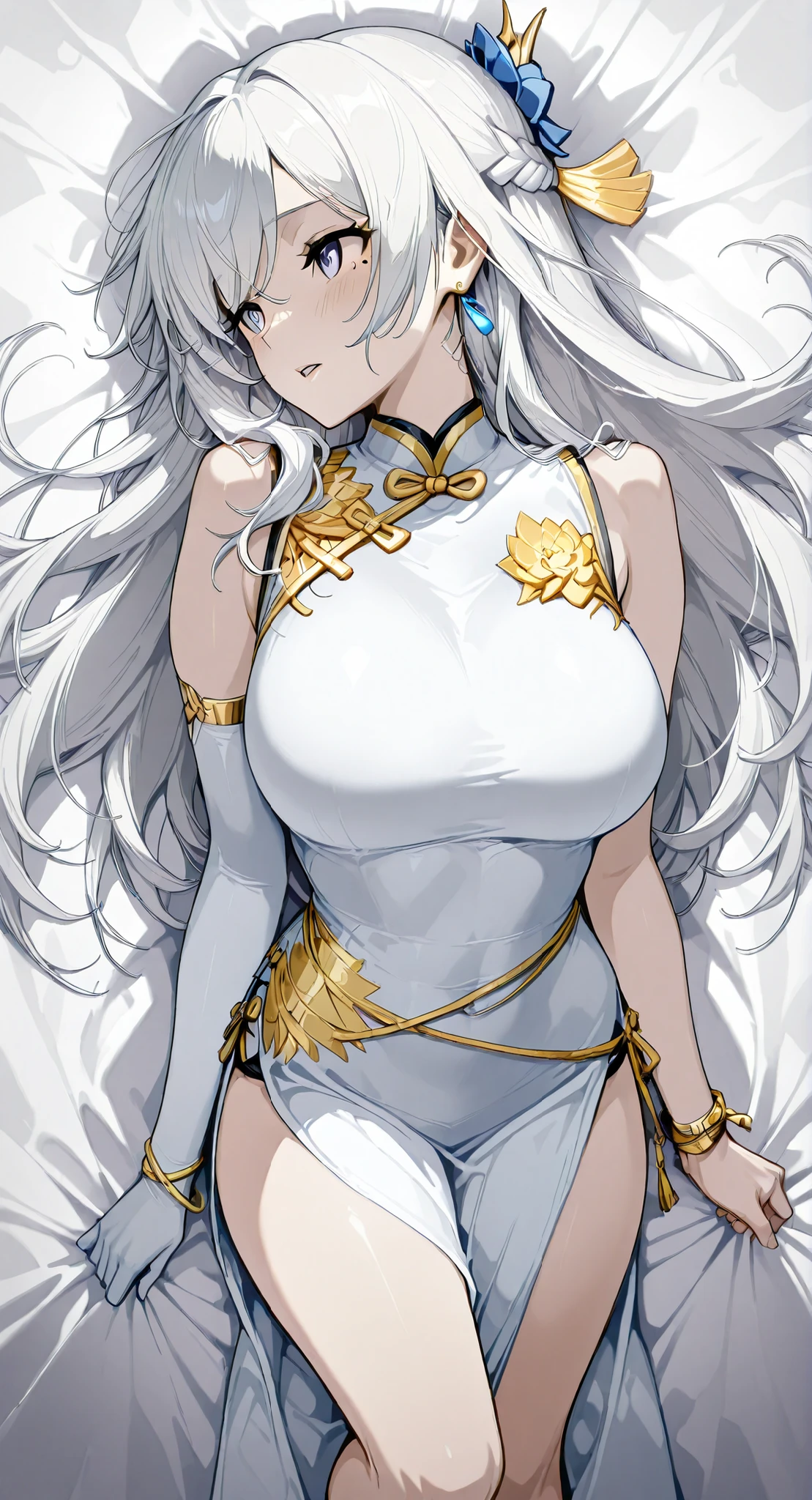 Armlet for left arm、bracelet for right wrist、sleeveless china ,anime girl Picture of a woman with long white hair and a flower in her hair, gray hairの deity, Anime Goddess, gray hairの, gray hairの lady, gray hair, Zodiac knight portrait girl lying on her back with her whole body, Haise Jinyao, Genshin Character、Keking, Full Body Senxia , Pictures of Women with Long White Hair Bound at the Back, Picture of a woman with long white hair, perfect gray hairの girl,large breasts with good shape,thin waist,mole under eye,long gloves,earrings,no background,moist eyes、kind eyes、kind expression、Blush、Open Lips 、 Very large bed、my whole body lies on a white sheet、turn your face completely straight to the side from here、orgasm、tether、Climax、 The hair bundled in the back is a braid, cowboy shot with a close cute face、 from above、 Feet outside the frame、 first-person view、, from side, wide shot, rotated, fisheye