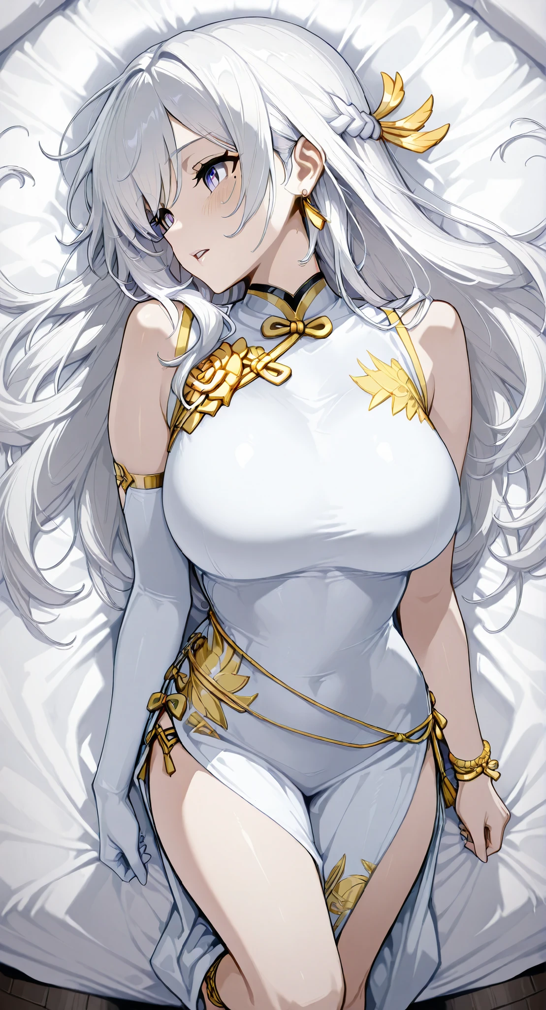 Armlet for left arm、bracelet for right wrist、sleeveless china ,anime girl Picture of a woman with long white hair and a flower in her hair, gray hairの deity, Anime Goddess, gray hairの, gray hairの lady, gray hair, Zodiac knight portrait girl lying on her back with her whole body, Haise Jinyao, Genshin Character、Keking, Full Body Senxia , Pictures of Women with Long White Hair Bound at the Back, Picture of a woman with long white hair, perfect gray hairの girl,large breasts with good shape,thin waist,mole under eye,long gloves,earrings,no background,moist eyes、kind eyes、kind expression、Blush、Open Lips 、 Very large bed、my whole body lies on a white sheet、turn your face completely straight to the side from here、orgasm、tether、Climax、 The hair bundled in the back is a braid, cowboy shot with a close cute face、 from above、 Feet outside the frame、 first-person view、, from side, wide shot, rotated, fisheye