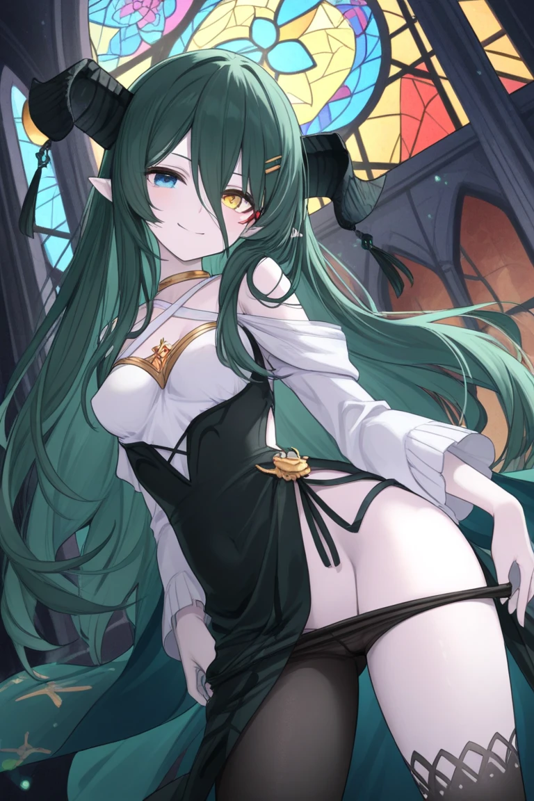 A tall and beautiful elf woman, light red ruby glowing eyes, cold expression, proud posture, chest up, dark skin, cyan crotch tattoos, black tied hair, exposed chest, exposed shoulders , showing her navel and thighs, looking up at the camera, with sweat on her body, her wet body (sweating), in a bedroom. black choker with cow bell attached it.