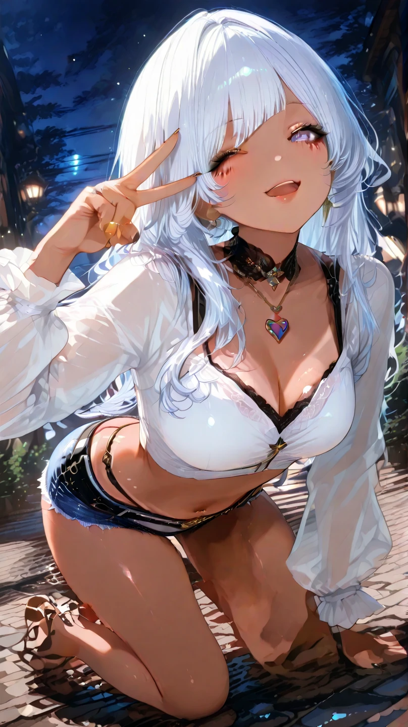 (masterpice, best quality, high quality, highres:1.4), extremely detailed, detailed skin, soft skin, ambient soft lighting, 4K, 1girl, solo, upper body, (mature female, milf:1.2), standing, medium shot, cowboy shot, from behind, from below, white hair, silver hair, long hair, floating hair, messy hair, straight hair, blue eyes, long eyelashes, thick eyelashes, looking at viewer, looking back, closed mouth, smile, undershirt, shirt, white thighhighs, see-through, wet, (bottomless:1.1), curvy, small breasts, thick thighs, skindentation, pussy, puffy pussy, cleft of venus, ass, outdoors, forest, pines, grass, rocks, flowers, plants, (river:1.2), partially submerged
