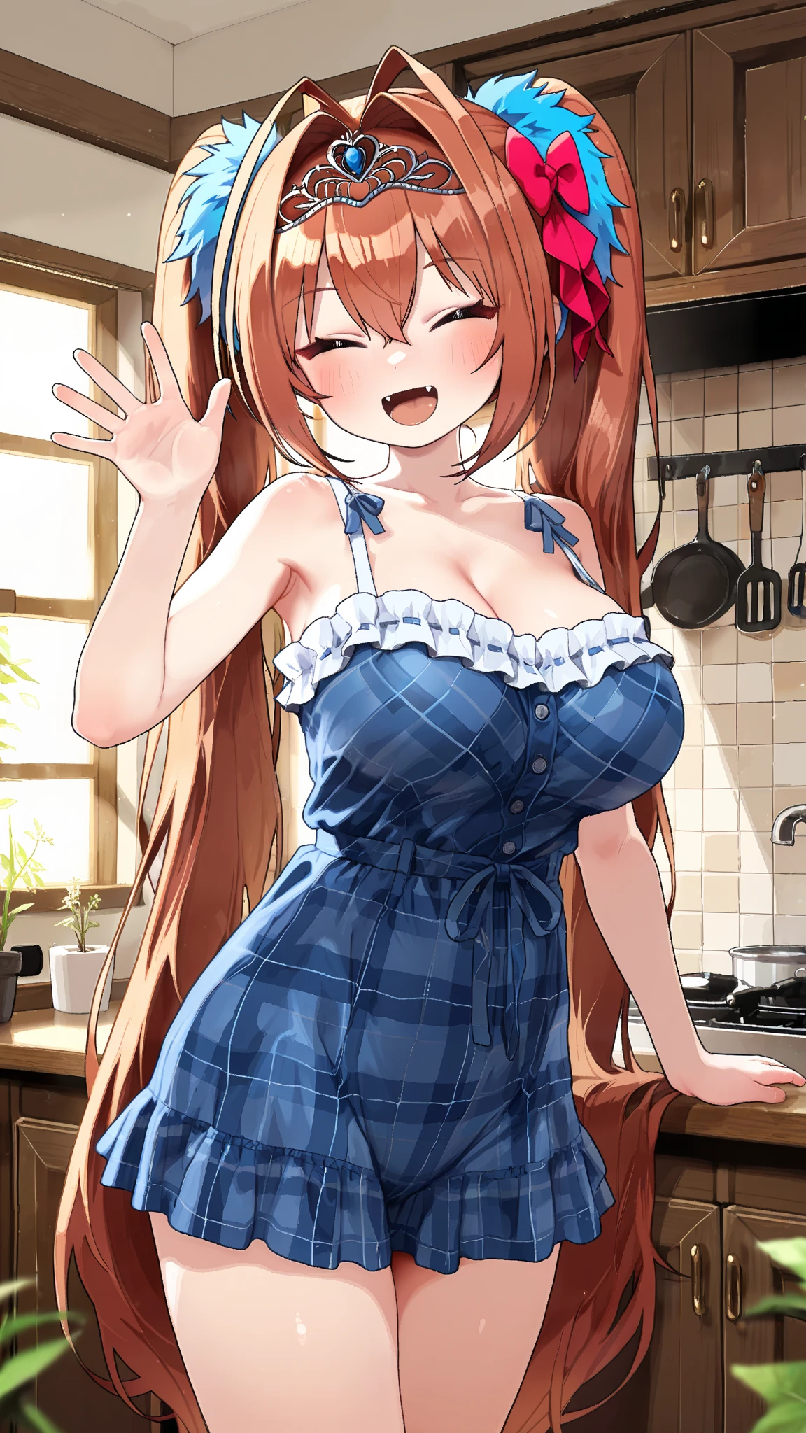 Shooting in the kitchen,Photograph the whole body,Nakano May, Itsuki Nakano, Bangs, Blue eyes, Hair between the eyes, A single hair on top of the head, Red Hair,Star O \(symbol\), Hair Ornaments, Star Hair Ornament,Big Breasts,Cleavage,Naked Apron,白のNaked Apron