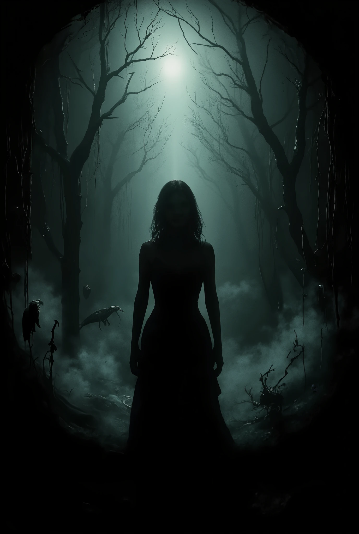 Female shadow, impending doom, dark surreal, liminal surroundings, unreal dreamscape, nightmare.