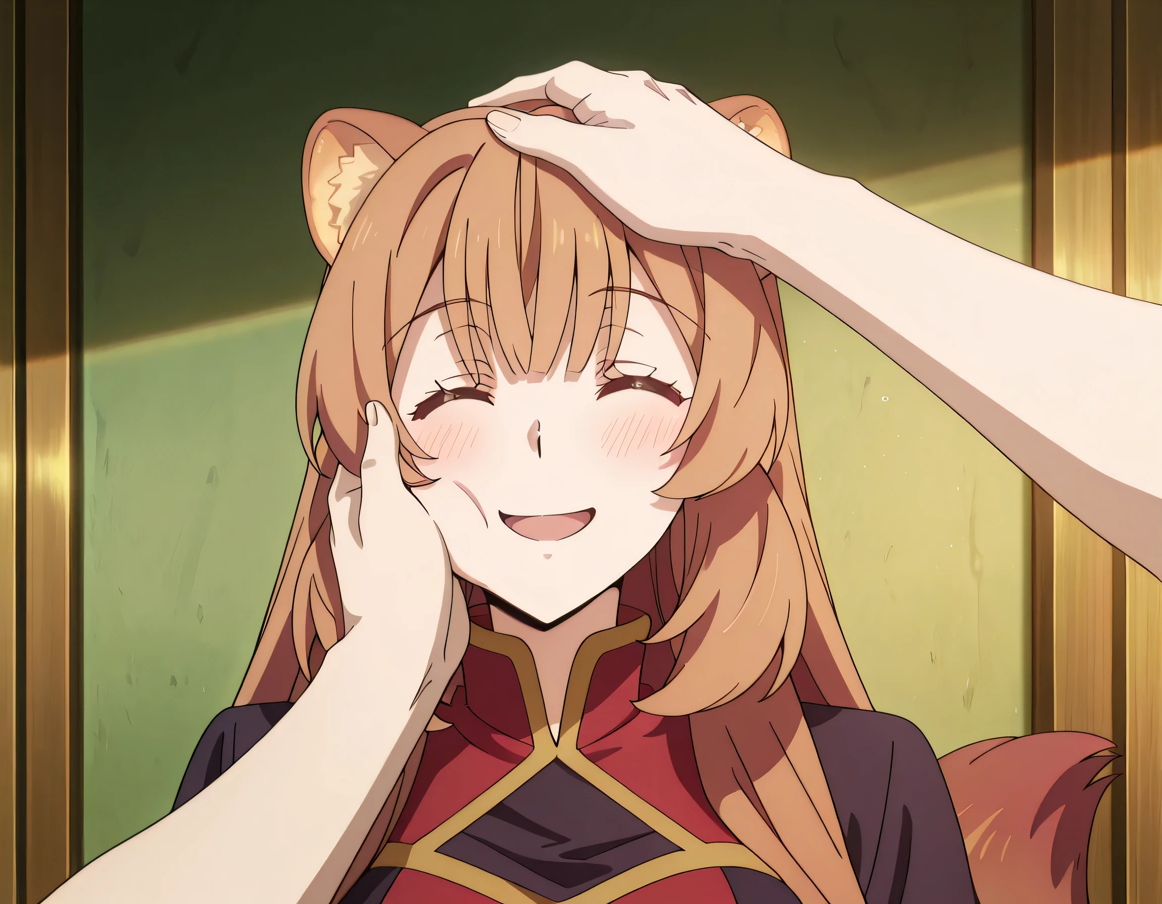 score_9 , score_8_up , score_7_source_anime detailed eyes,anime eyes,high detail eyes,multicolored iris,detailed iris,anime style, 4k masterpiece, best quality, girl, beautiful face, clean skin, shiny hair, shiny skin, beautiful face, perfect eyes, 4k high quality eyes, high quality brightness, best quality, 4k very aesthetic, absurd, perfect body quality, beautiful curves, perfect, perfect genitals, beautiful ambient light, beautiful aesthetics, very realistic scenery, 4k high quality, masterpiece, best quality, absurd, latest, high resolution, official art, best quality, absurd, latest, high resolution, official art, screenshot, anime screenshot, anime coloring, 1girl <lora:raphtalia-tate_no_yuusha_no_nariagari_s2-ixl-anime-soralz:1>, raphtalia (tate no yuusha no nariagari), long hair, animal ears, brown hair, sidelocks, hair tubes, tail, large breasts, <lora:pov-cheek-and-head-pat-illustriousxl-lora-nochekaiser:1>, pov cheek and head pat, pov cheek and head pat (meme), looking at viewer, blush, smile, open mouth, upper body, closed eyes, solo focus, pov, hand on another's head, pov hands, headpat, hand on another's face, hand on another's cheek, petting,