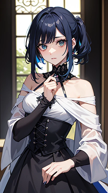 (hight quality: 1.2), (light:1.2), (gloss:0.5), ultra detailed fantasy, a detailed painting, 1girl,  bangs, breasts,blue_hair, ((impossible clothes)), ((nsfw)),innocent female, ((cleavage)),puppy_girl, Folded_dog_ears, Fluffy_tail, eyebrows_visible_through_hair, formal, grey_background, light_smile, long_sleeves, looking_at_viewer,_medium_breasts,,  8k, clearly worked out detail, intricate, cinematic,heterochromia_eyes, on_a_leash (inugami korone)