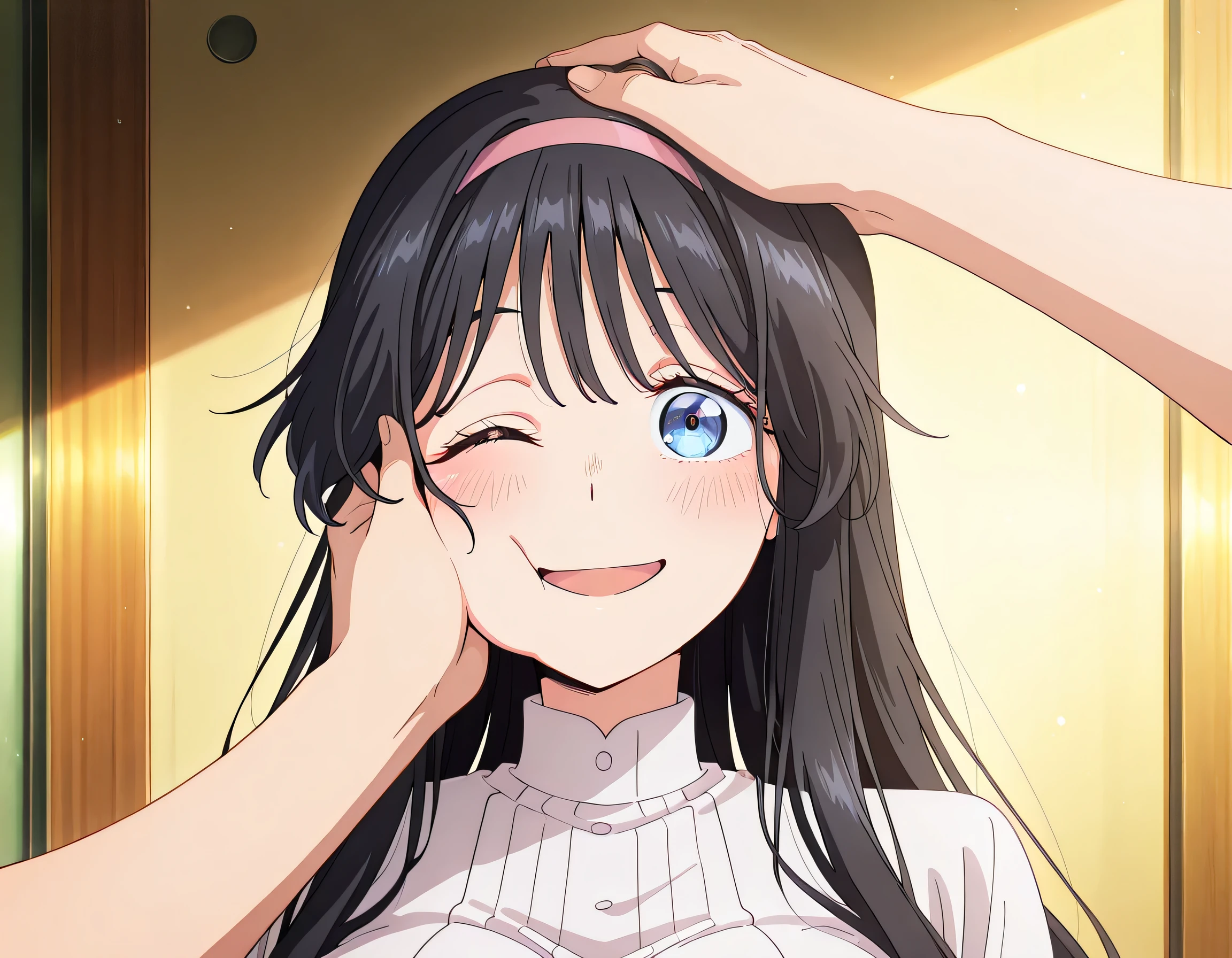 score_9 , score_8_up , score_7_source_anime detailed eyes,anime eyes,high detail eyes,multicolored iris,detailed iris,anime style, 4k masterpiece, best quality, girl, beautiful face, clean skin, shiny hair, shiny skin, beautiful face, perfect eyes, 4k high quality eyes, high quality brightness, best quality, 4k very aesthetic, absurd, perfect body quality, beautiful curves, perfect, perfect genitals, beautiful ambient light, beautiful aesthetics, very realistic scenery, 4k high quality, masterpiece, best quality, absurd, latest, high resolution, official art, best quality, absurd, latest, high resolution, official art, screenshot, anime screenshot, anime coloring, 1girl waguri kaoruko, blue eyes, black hair, long hair, hairband, large breasts, <lora:pov-cheek-and-head-pat-illustriousxl-lora-nochekaiser:1>, pov cheek and head pat, pov cheek and head pat (meme), looking at viewer, blush, smile, open mouth, upper body, one eye closed, solo focus, pov, hand on another's head, pov hands, headpat, hand on another's face, hand on another's cheek, petting,