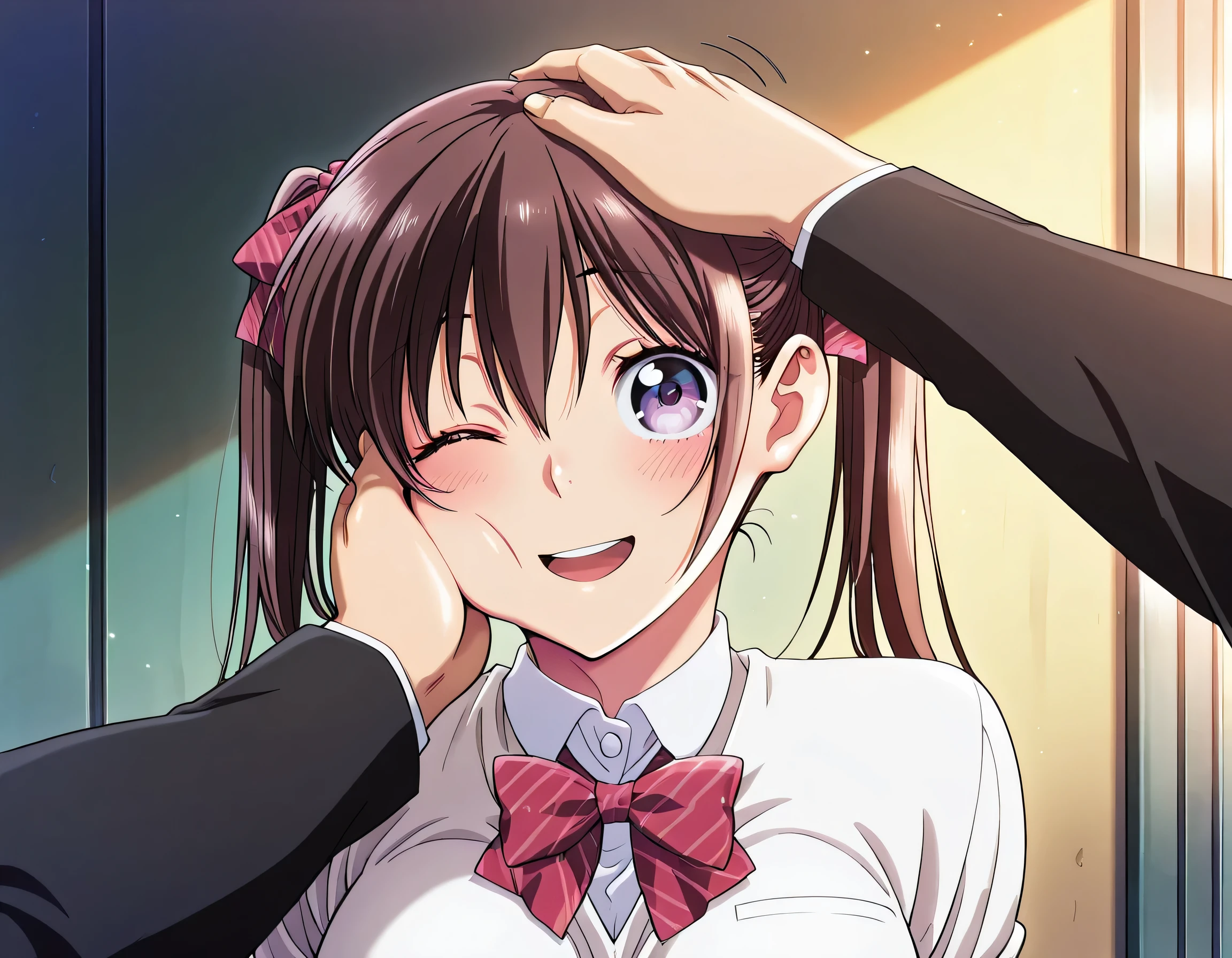 score_9 , score_8_up , score_7_source_anime detailed eyes,anime eyes,high detail eyes,multicolored iris,detailed iris,anime style, 4k masterpiece, best quality, girl, beautiful face, clean skin, shiny hair, shiny skin, beautiful face, perfect eyes, 4k high quality eyes, high quality brightness, best quality, 4k very aesthetic, absurd, perfect body quality, beautiful curves, perfect, perfect genitals, beautiful ambient light, beautiful aesthetics, very realistic scenery, 4k high quality, masterpiece, best quality, absurd, latest, high resolution, official art, best quality, absurd, latest, high resolution, official art, screenshot, anime screenshot, anime coloring, 1girl imokoi,twintails,shirt,bow,black thighhighs,school uniform,brown hair, large breasts, <lora:pov-cheek-and-head-pat-illustriousxl-lora-nochekaiser:1>, pov cheek and head pat, pov cheek and head pat (meme), looking at viewer, blush, smile, open mouth, upper body, one eye closed, solo focus, pov, hand on another's head, pov hands, headpat, hand on another's face, hand on another's cheek, petting,