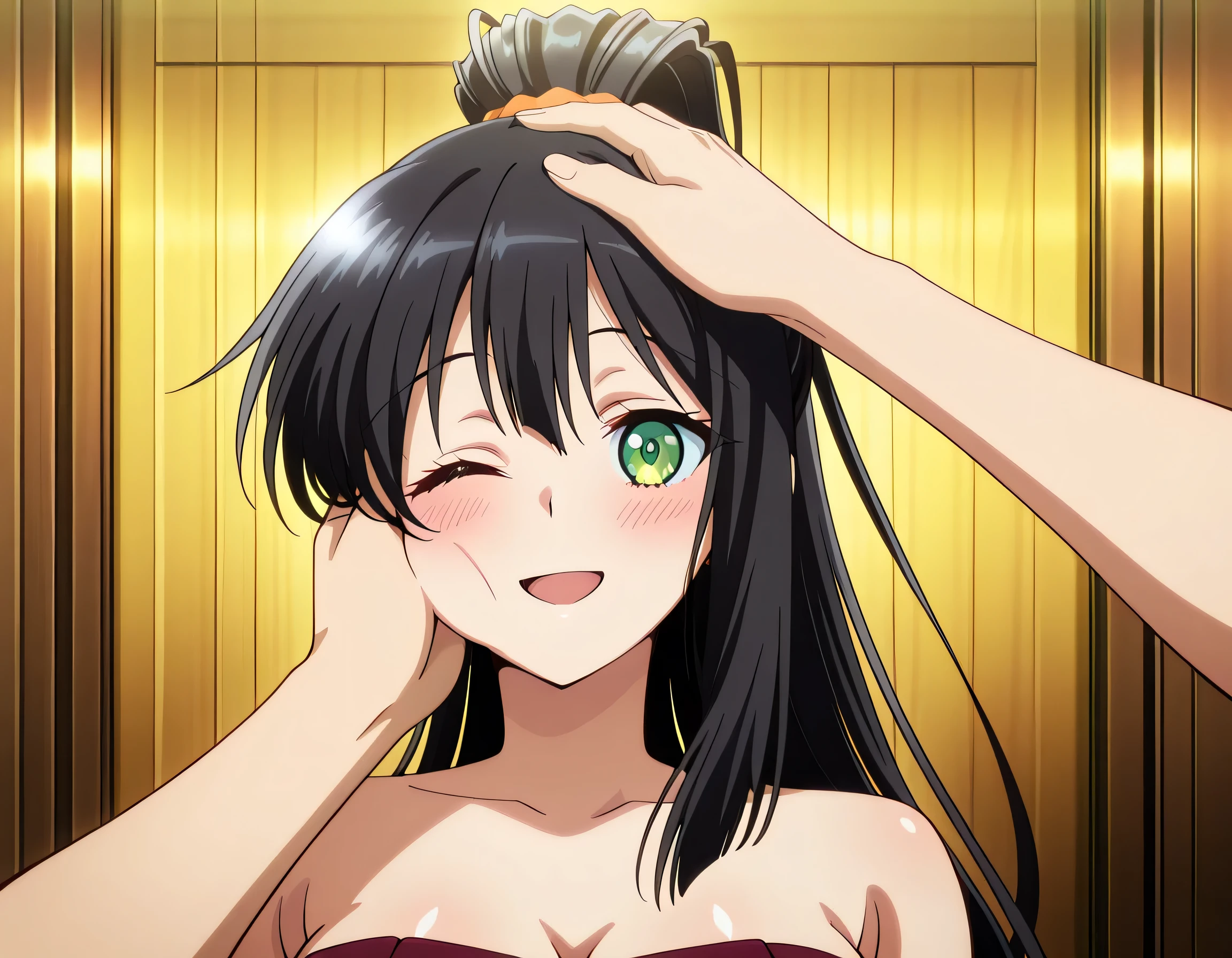 score_9 , score_8_up , score_7_source_anime detailed eyes,anime eyes,high detail eyes,multicolored iris,detailed iris,anime style, 4k masterpiece, best quality, girl, beautiful face, clean skin, shiny hair, shiny skin, beautiful face, perfect eyes, 4k high quality eyes, high quality brightness, best quality, 4k very aesthetic, absurd, perfect body quality, beautiful curves, perfect, perfect , beautiful ambient light, beautiful aesthetics, very realistic scenery, 4k high quality, masterpiece, best quality, absurd, latest, high resolution, official art, best quality, absurd, latest, high resolution, official art, screenshot, anime screenshot, anime coloring, 1girl green eyes , black hair , long hair , ponytail, , <lora:pov-cheek-and-head-pat-illustriousxl-lora-nochekaiser:1>, pov cheek and head , pov cheek and head (meme), looking at viewer, blush, smile, open mouth, upper body, one eye closed, solo focus, pov, hand on another's head, pov hands, headpat, hand on another's face, hand on another's cheek, petting,