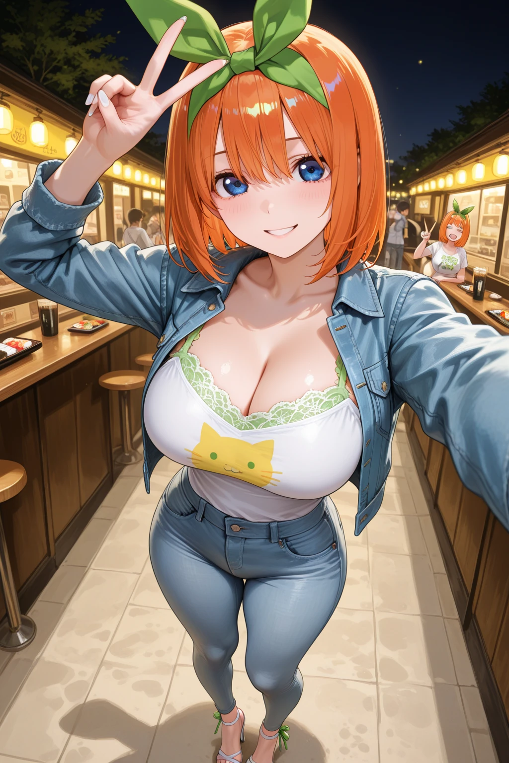 super high image, super detail, super high resolution, cute 18 year old girl, skinny, small breasts, no cleavage, moist shiny lips, grinning, mischievous, pointing straight at camera, light-orange hair, messy wild short hair, green sparkling eyes, glossy dark eyeshadow, shiny skin, choker, t-shirt, upskirt, no panties, pubic hair, night time, cafe