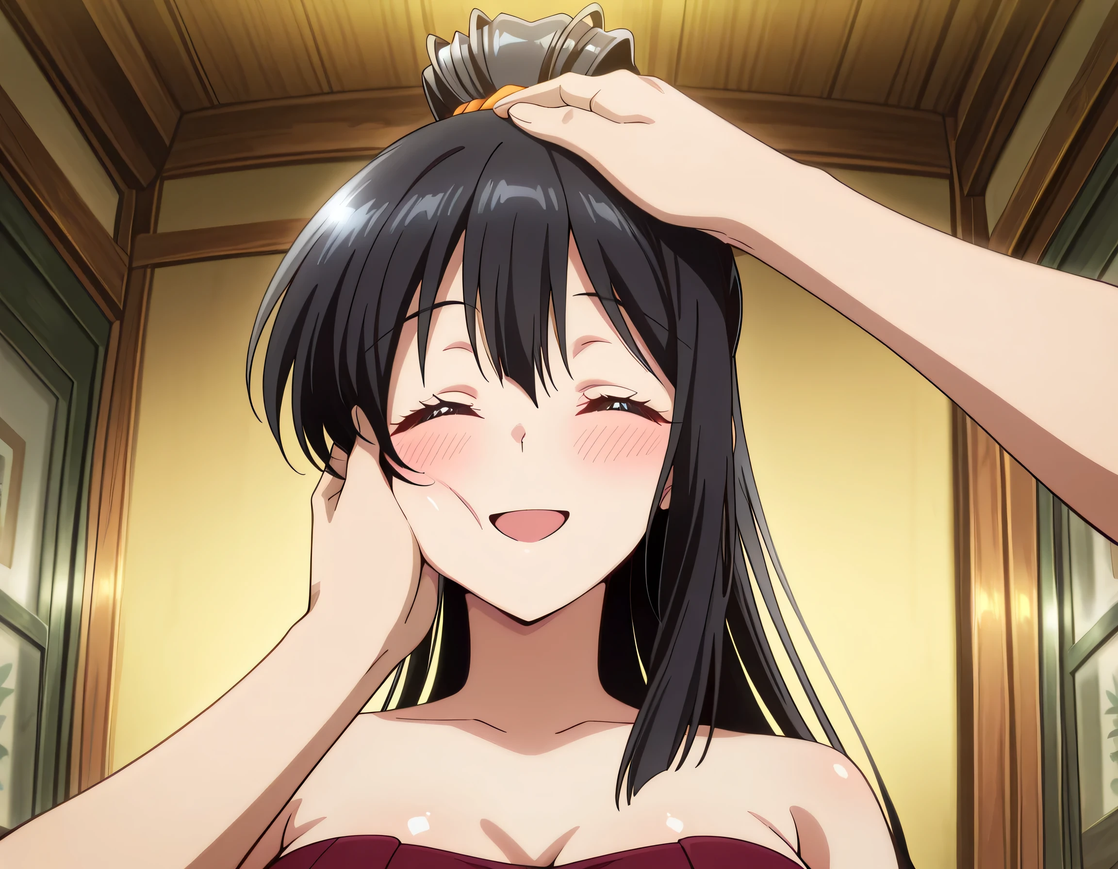 score_9 , score_8_up , score_7_source_anime detailed eyes,anime eyes,high detail eyes,multicolored iris,detailed iris,anime style, 4k masterpiece, best quality, girl, beautiful face, clean skin, shiny hair, shiny skin, beautiful face, perfect eyes, 4k high quality eyes, high quality brightness, best quality, 4k very aesthetic, absurd, perfect body quality, beautiful curves, perfect, perfect genitals, beautiful ambient light, beautiful aesthetics, very realistic scenery, 4k high quality, masterpiece, best quality, absurd, latest, high resolution, official art, best quality, absurd, latest, high resolution, official art, screenshot, anime screenshot, anime coloring, 1girl black hair , long hair , ponytail, large breasts, <lora:pov-cheek-and-head-pat-illustriousxl-lora-nochekaiser:1>, pov cheek and head pat, pov cheek and head pat (meme), looking at viewer, blush, smile, open mouth, upper body, closed eyes, solo focus, pov, hand on another's head, pov hands, headpat, hand on another's face, hand on another's cheek, petting,