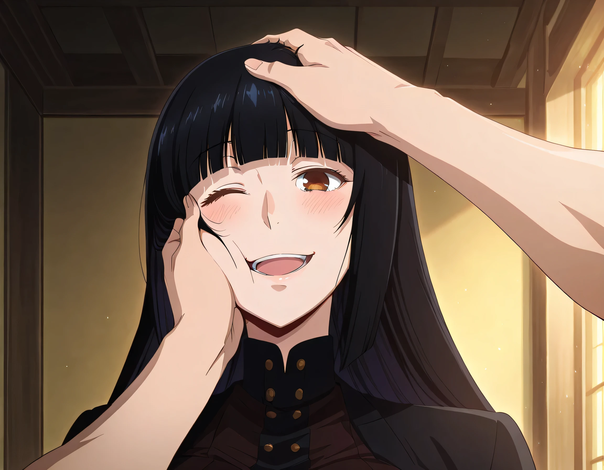 score_9 , score_8_up , score_7_source_anime detailed eyes,anime eyes,high detail eyes,multicolored iris,detailed iris,anime style, 4k masterpiece, best quality, girl, beautiful face, clean skin, shiny hair, shiny skin, beautiful face, perfect eyes, 4k high quality eyes, high quality brightness, best quality, 4k very aesthetic, absurd, perfect body quality, beautiful curves, perfect, perfect genitals, beautiful ambient light, beautiful aesthetics, very realistic scenery, 4k high quality, masterpiece, best quality, absurd, latest, high resolution, official art, best quality, absurd, latest, high resolution, official art, screenshot, anime screenshot, anime coloring, 1girl long hair, hime cut, blunt bangs, black hair, brown eyes, large breasts, <lora:pov-cheek-and-head-pat-illustriousxl-lora-nochekaiser:1>, pov cheek and head pat, pov cheek and head pat (meme), looking at viewer, blush, smile, open mouth, upper body, one eye closed, solo focus, pov, hand on another's head, pov hands, headpat, hand on another's face, hand on another's cheek, petting,